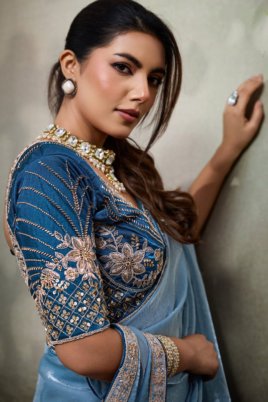 Sky Blue Velvet Satin Saree With Readymade Blouse-SAR12905_2_SareeButa.com