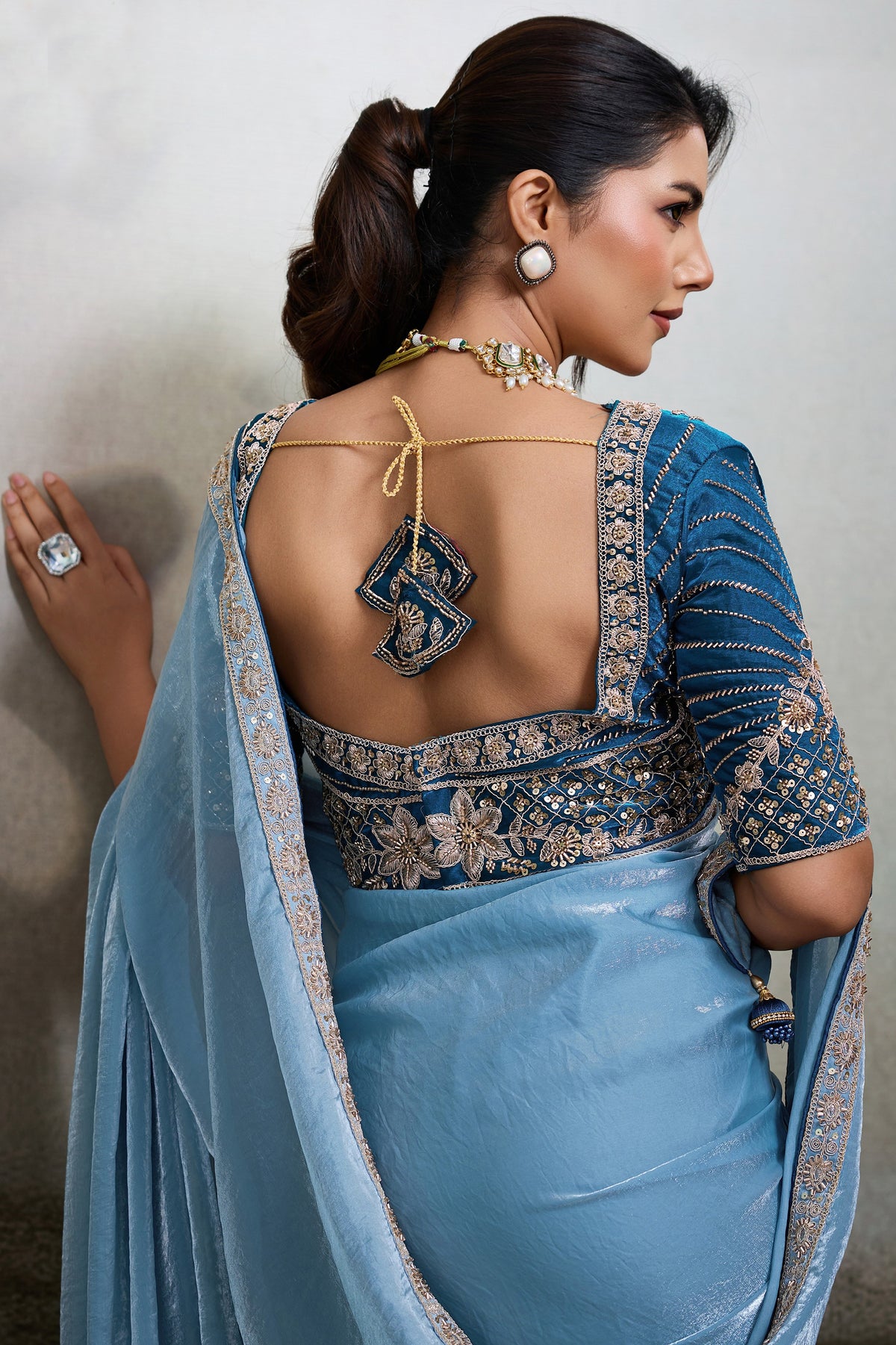 Sky Blue Velvet Satin Saree With Readymade Blouse-SAR12905_3_SareeButa.com
