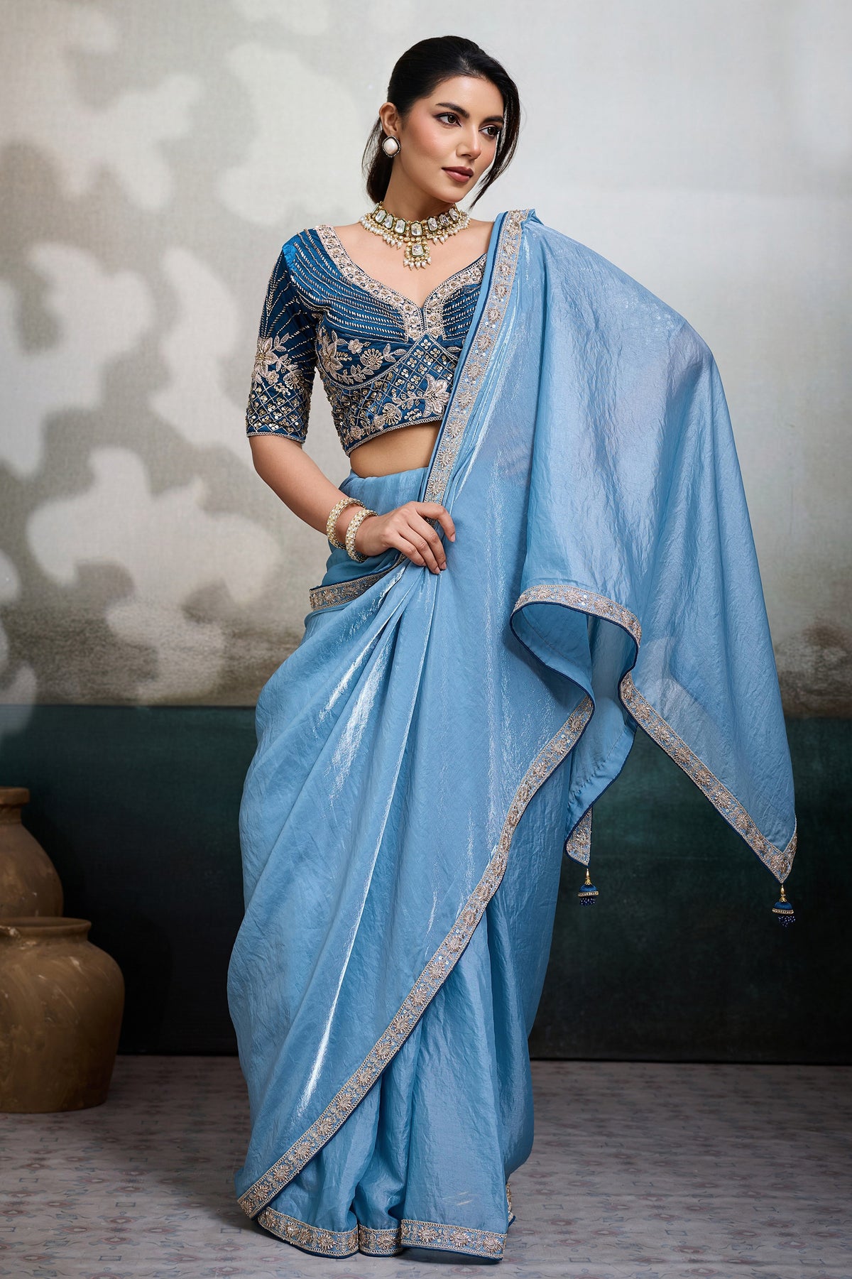 Sky Blue Velvet Satin Saree With Readymade Blouse-SAR12905_4_SareeButa.com