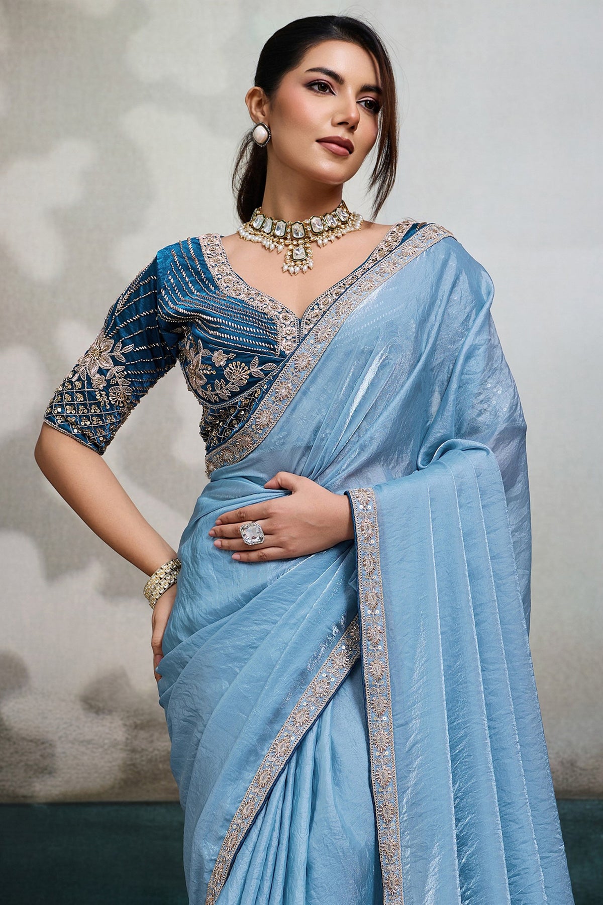 Sky Blue Velvet Satin Saree With Readymade Blouse-SAR12905_5_SareeButa.com