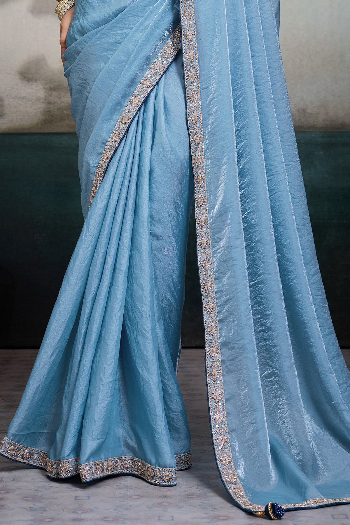 Sky Blue Velvet Satin Saree With Readymade Blouse-SAR12905_6_SareeButa.com
