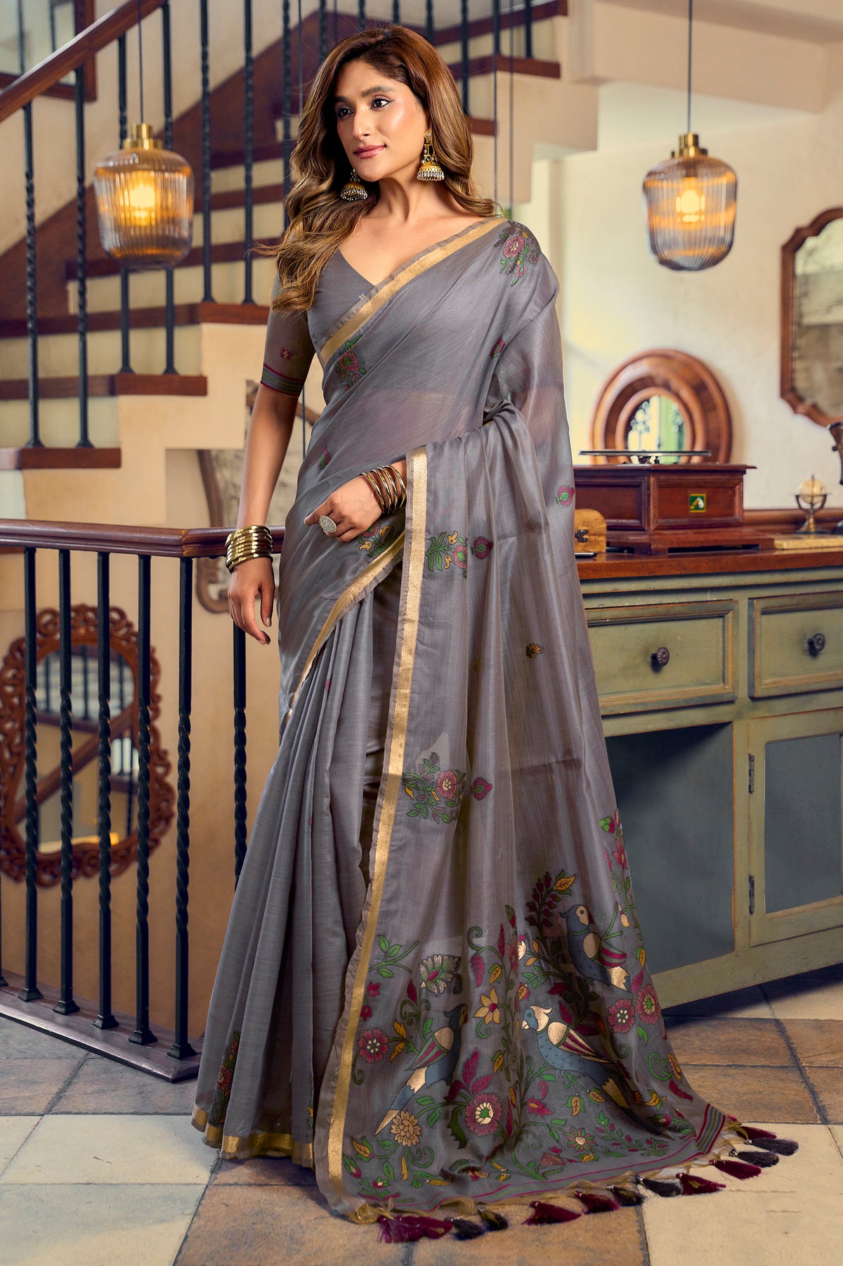 Slate Grey Cotton Saree with Kalamkari Motifs-SAR12953_1_SareeButa.com