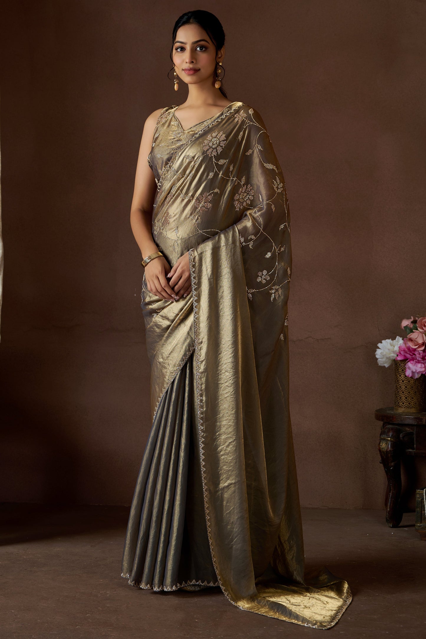 Slate Grey Stone Work Satin Silk Saree-ZB134206_1_SareeButa.com