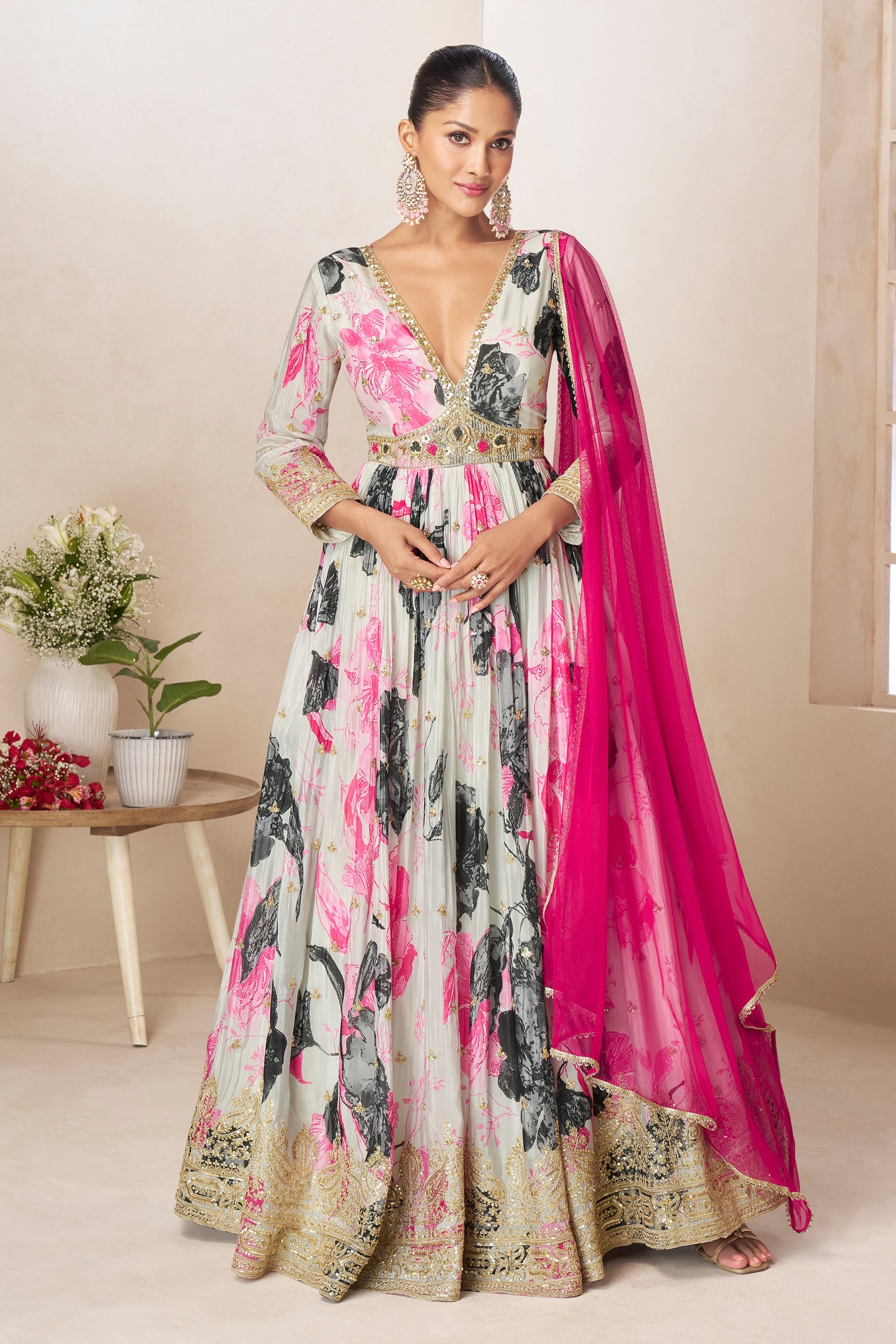 Smoke White Readymade Chinon Gown with Dupatta-SAR11558_1_SareeButa.com