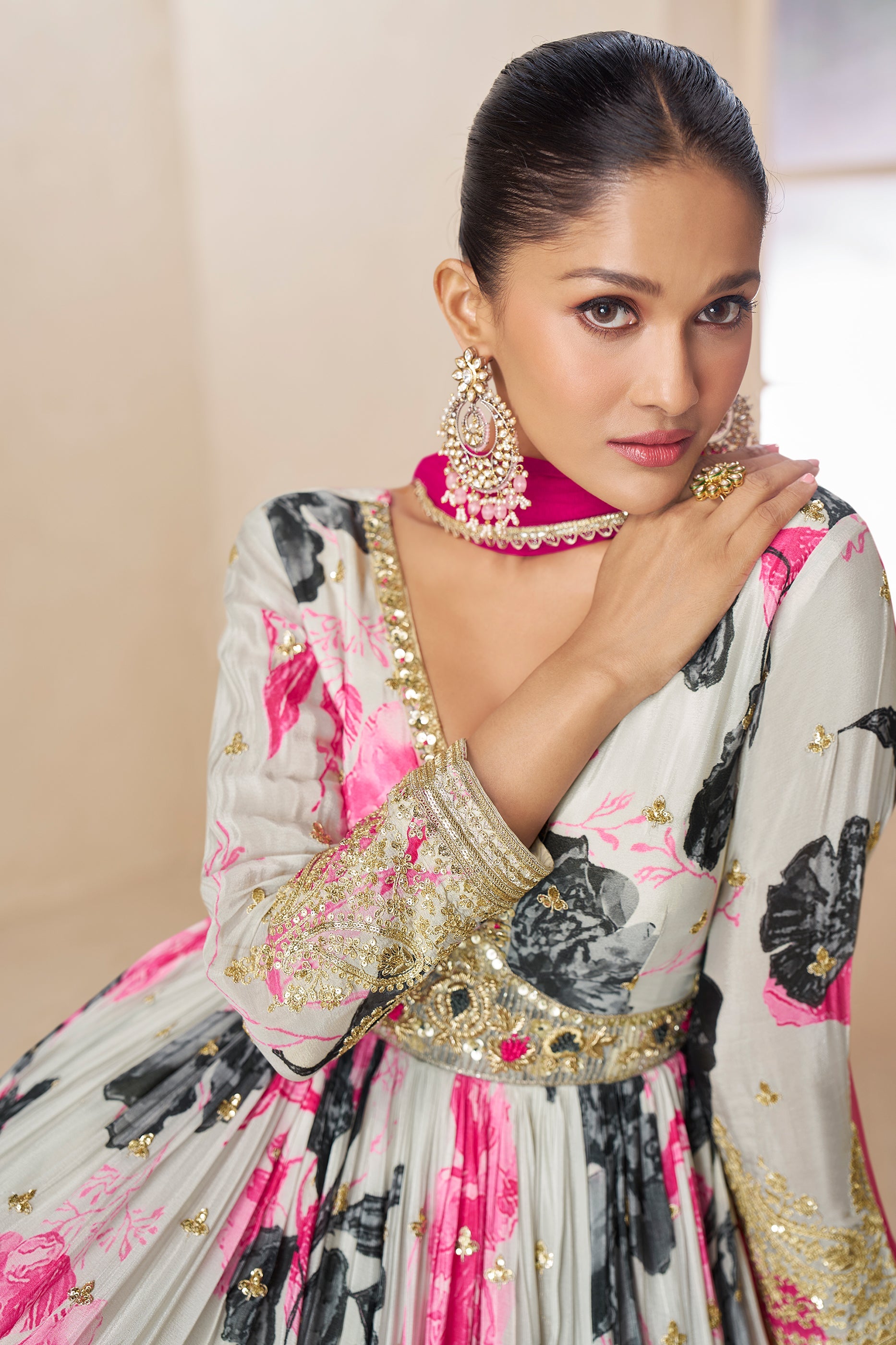 Smoke White Readymade Chinon Gown with Dupatta-SAR11558_2_SareeButa.com