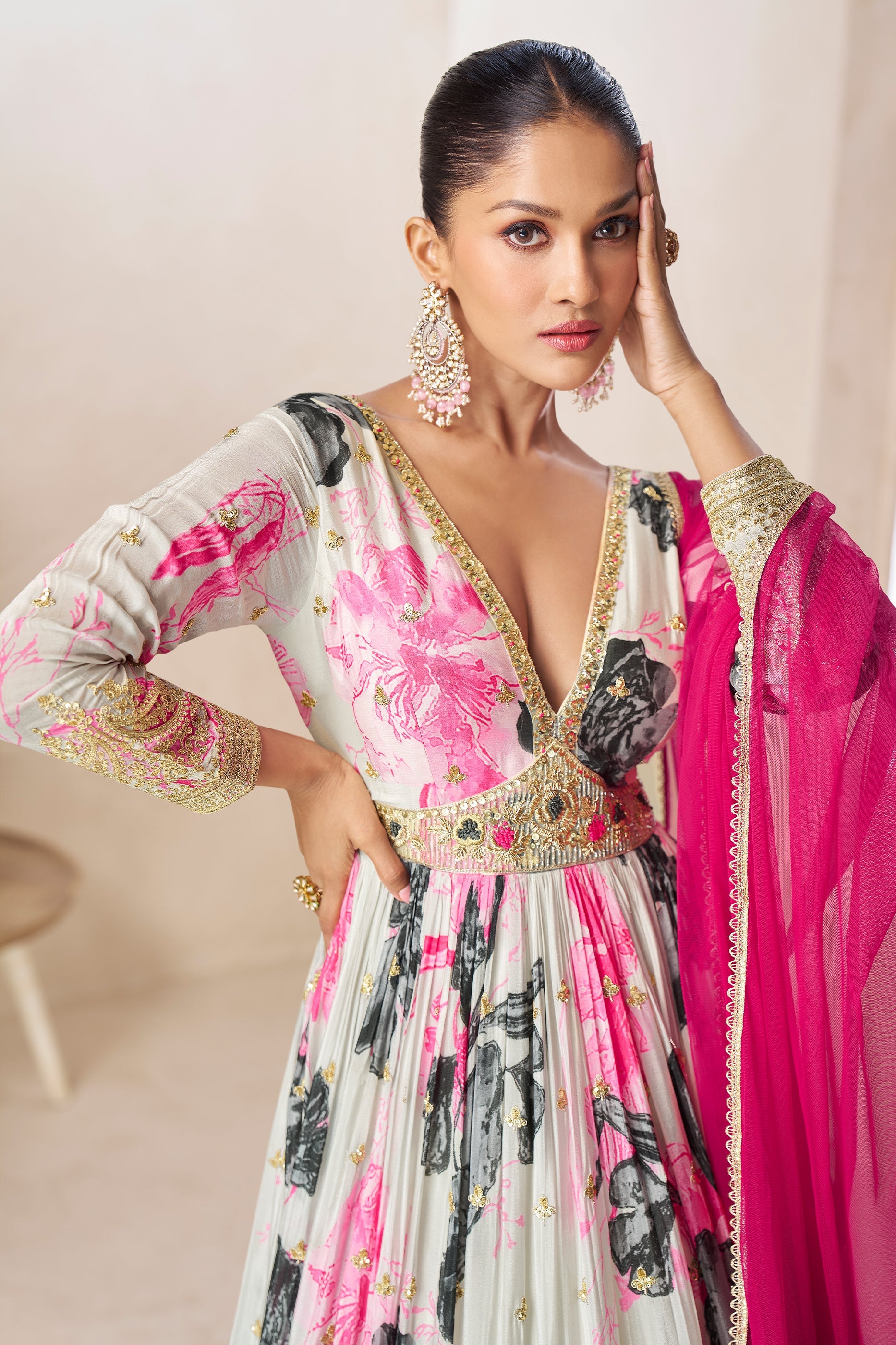 Smoke White Readymade Chinon Gown with Dupatta-SAR11558_3_SareeButa.com