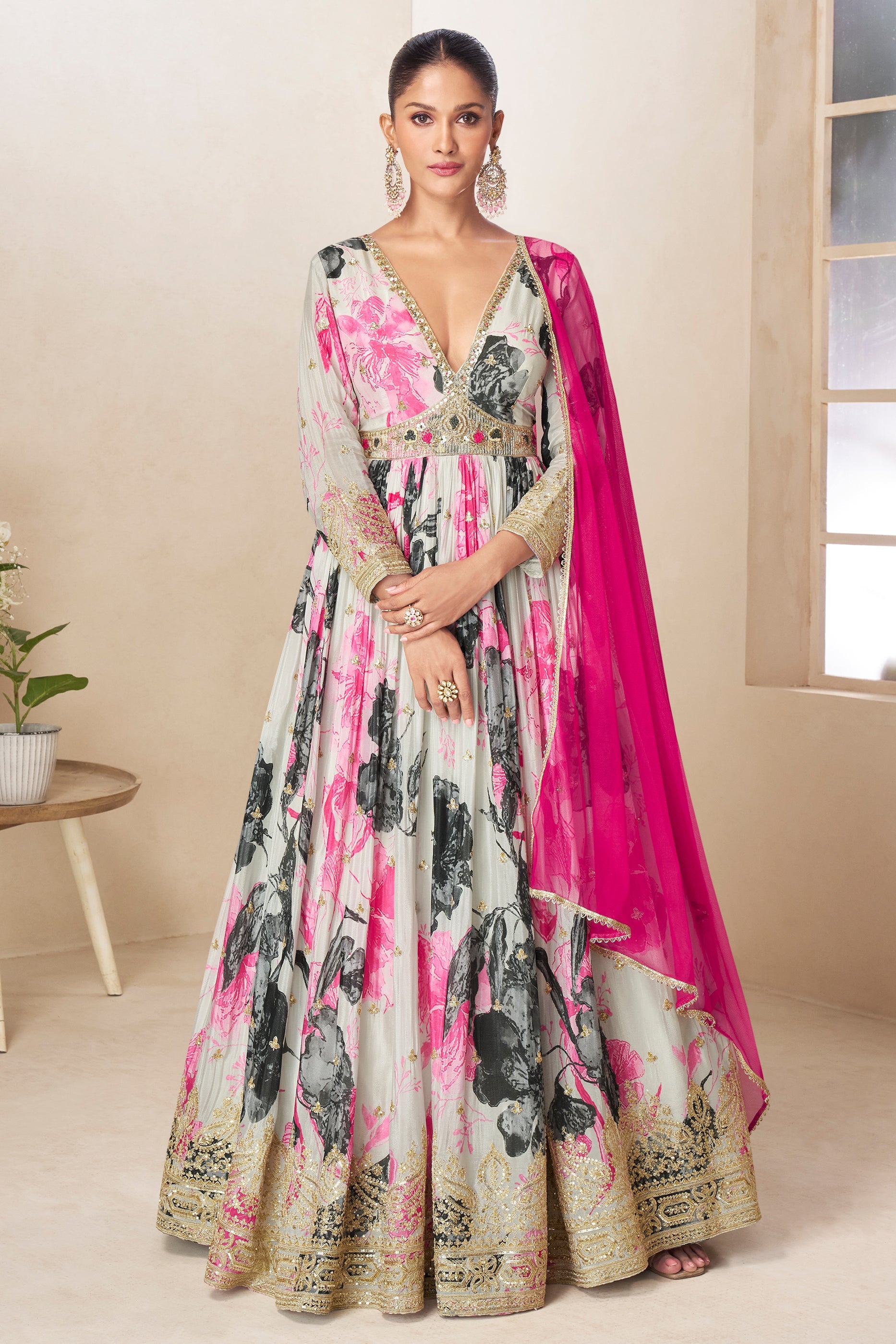 Smoke White Readymade Chinon Gown with Dupatta-SAR11558_4_SareeButa.com