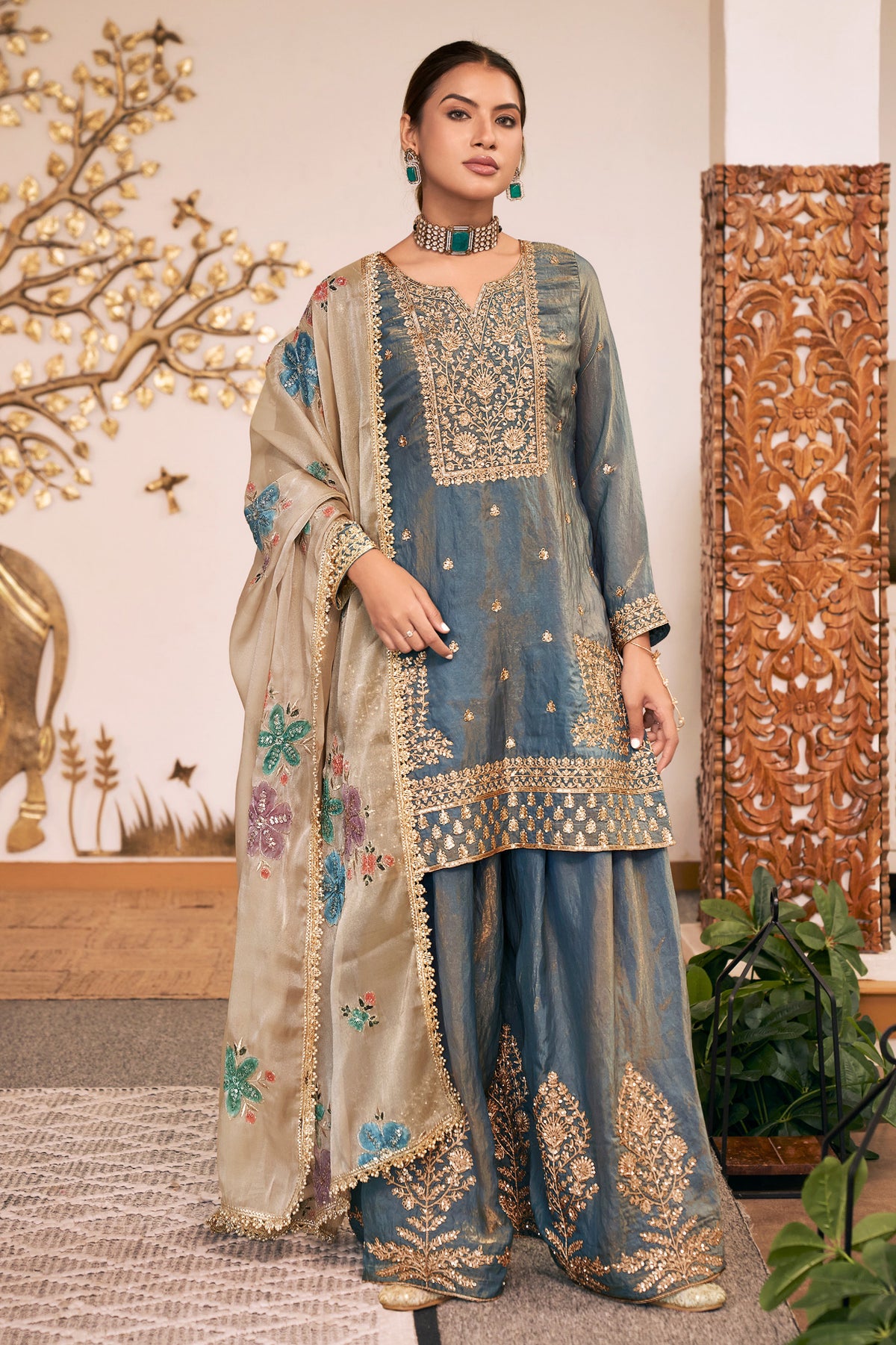 Steel Grey Fendy Silk Embroidered Palazzo Suit-SAR13549_1_SareeButa.com