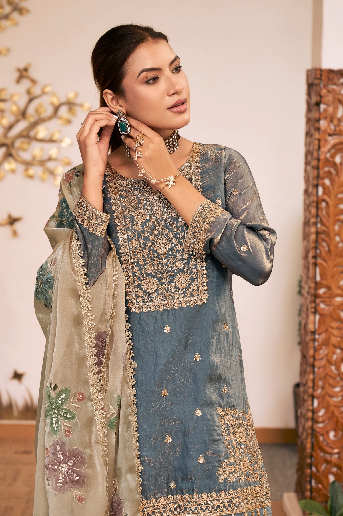 Steel Grey Fendy Silk Embroidered Palazzo Suit-SAR13549_3_SareeButa.com