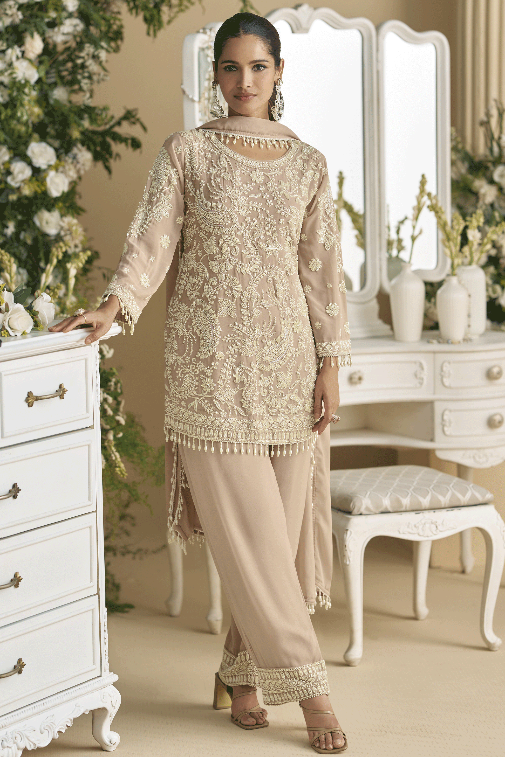 Taupe Readymade Heavy Work Georgette Palazzo Suit-SS856_1_SareeButa.com