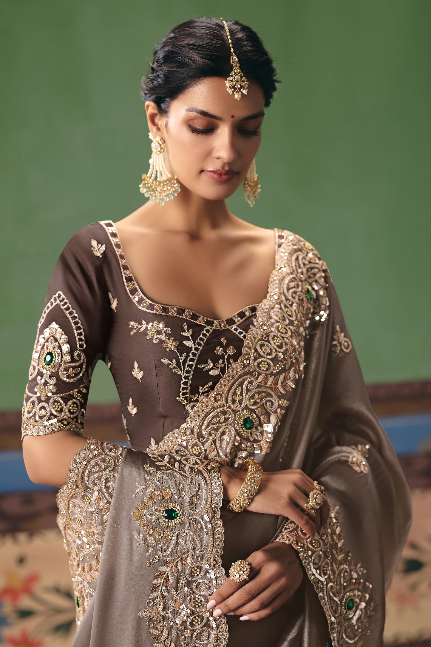Taupe Brown Embroidered Organza Silk Saree-SAR12263_2_SareeButa.com