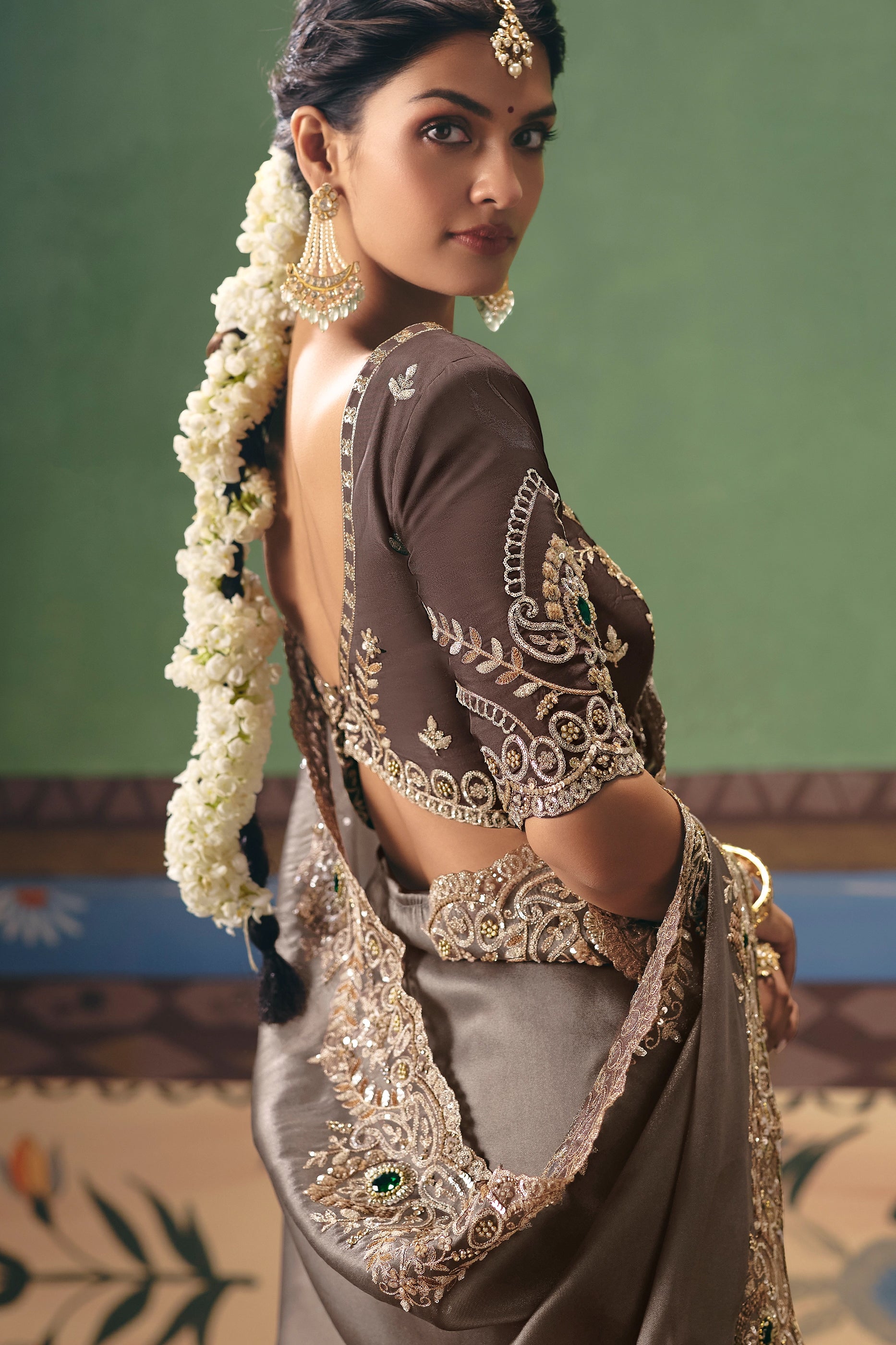 Taupe Brown Embroidered Organza Silk Saree-SAR12263_4_SareeButa.com