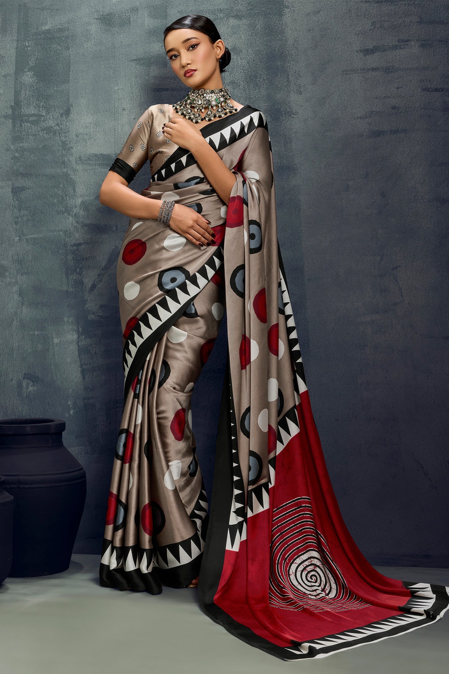 Taupe Grey Ajrakh Print Satin Saree-SAR11920_1_SareeButa.com