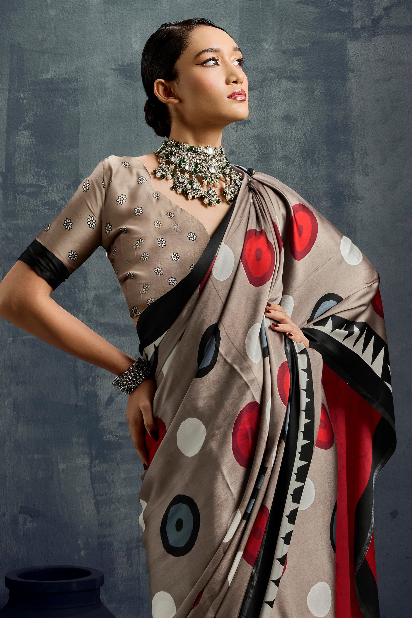 Taupe Grey Ajrakh Print Satin Saree-SAR11920_2_SareeButa.com