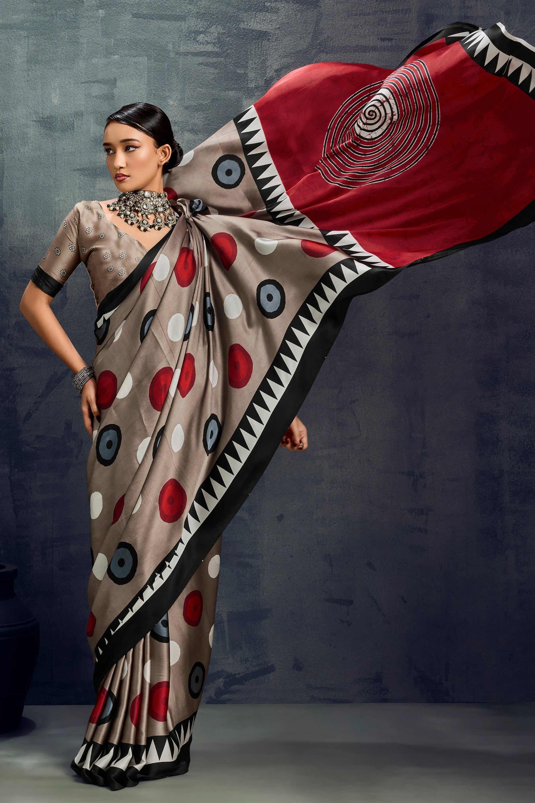 Taupe Grey Ajrakh Print Satin Saree-SAR11920_3_SareeButa.com