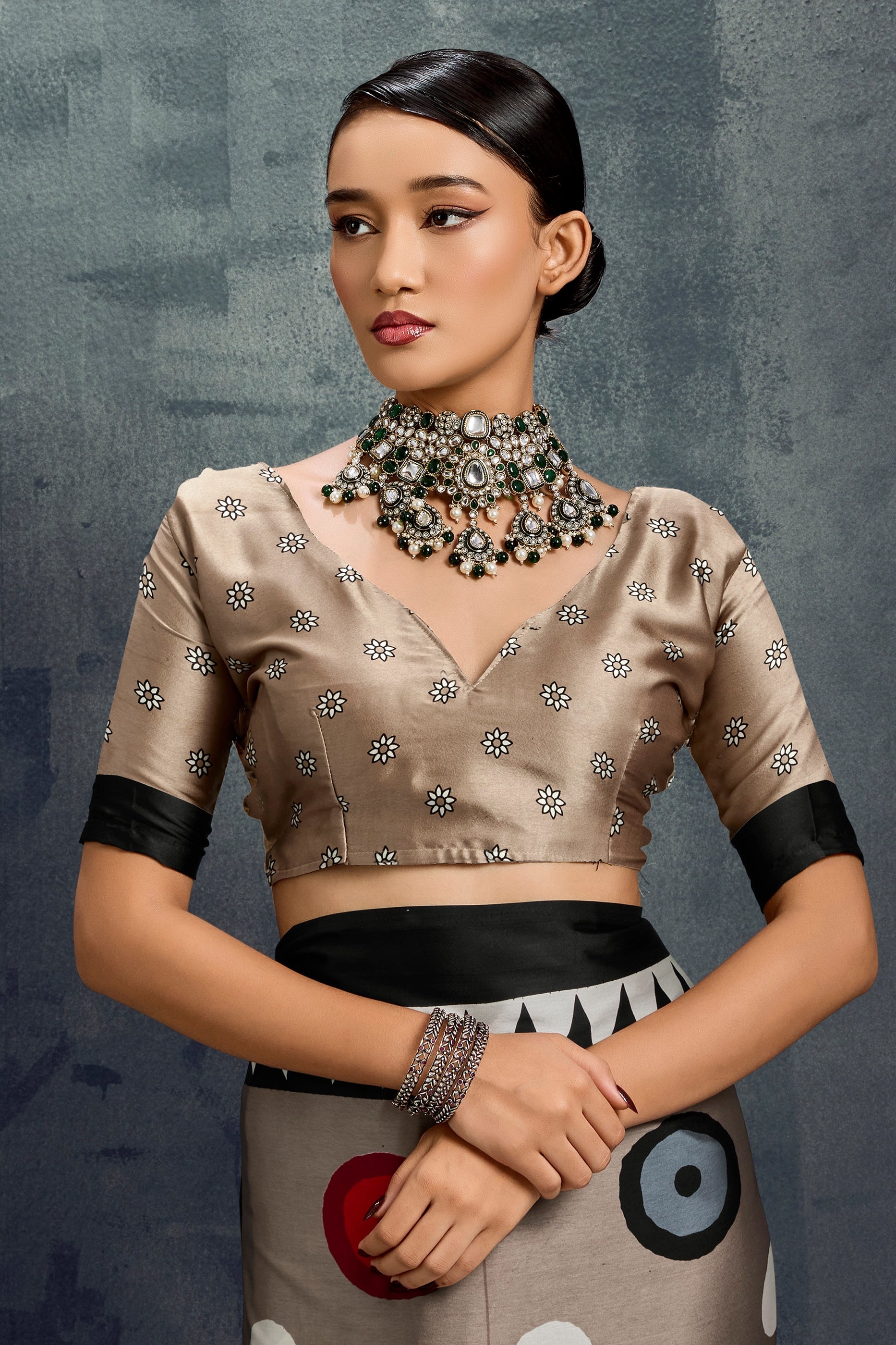 Taupe Grey Ajrakh Print Satin Saree-SAR11920_5_SareeButa.com