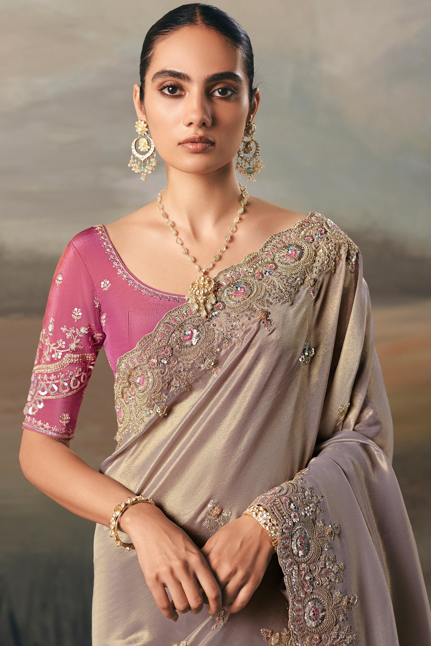 Taupe Lilac Embroidered Tissue Saree-SAR10833_3_SareeButa.com