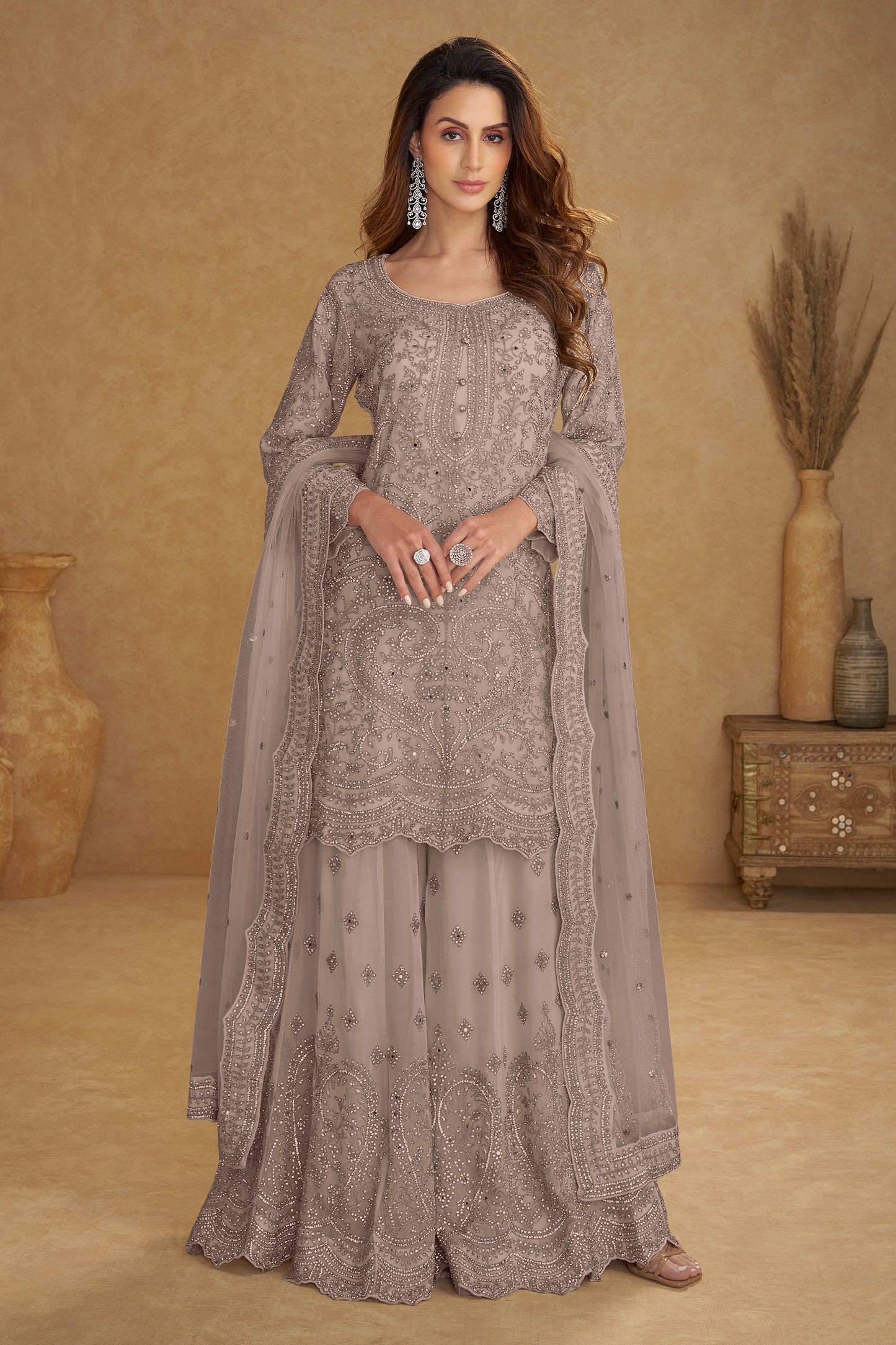 Taupe Readymade Embroidered Net Suit-SAR13211_1_SareeButa.com