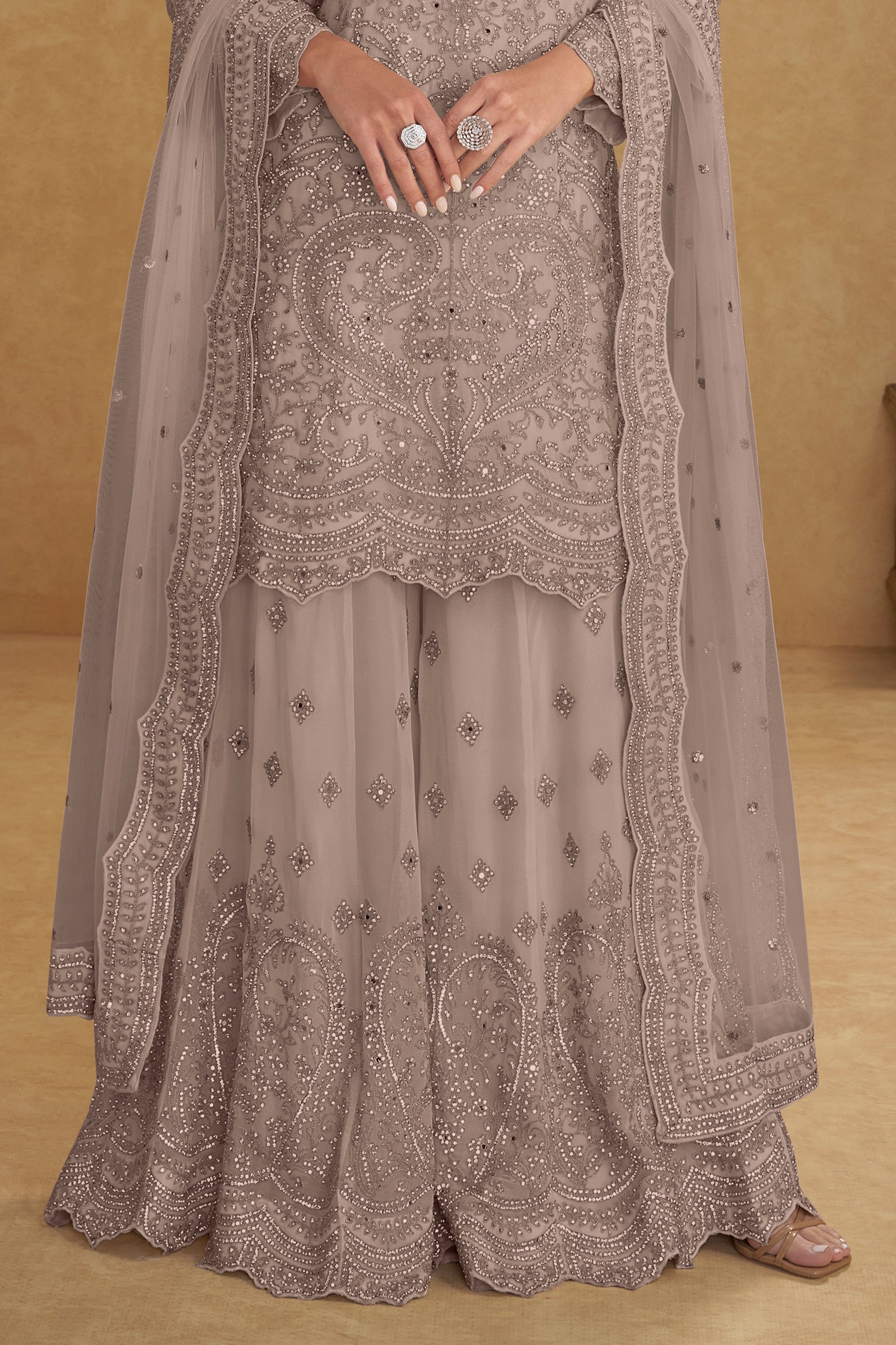 Taupe Readymade Embroidered Net Suit-SAR13211_4_SareeButa.com