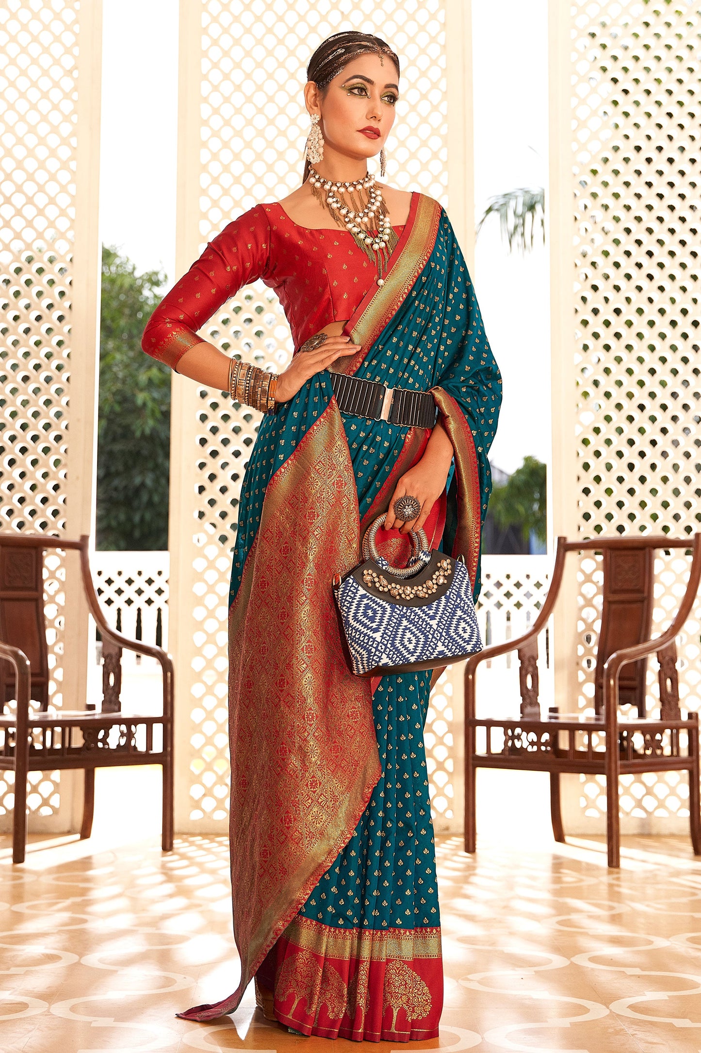 Teal Banarasi Silk Saree-ZB133021_3_SareeButa.com