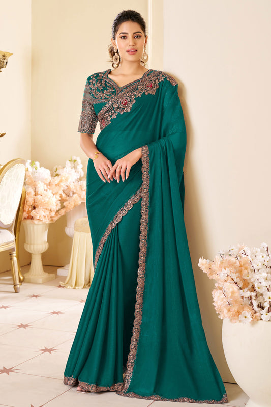 Teal Blue Embroidered Shimmer Georgette Saree-ZB133554_1_SareeButa.com