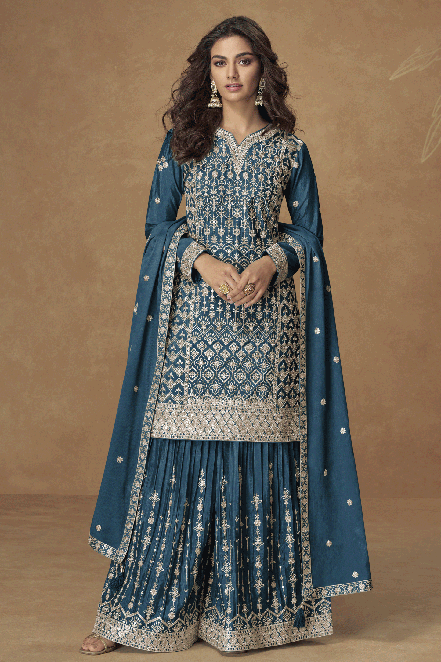Teal Blue Readymade Embroidered Chinon Silk Palazzo Suit-SS846_1_SareeButa.com