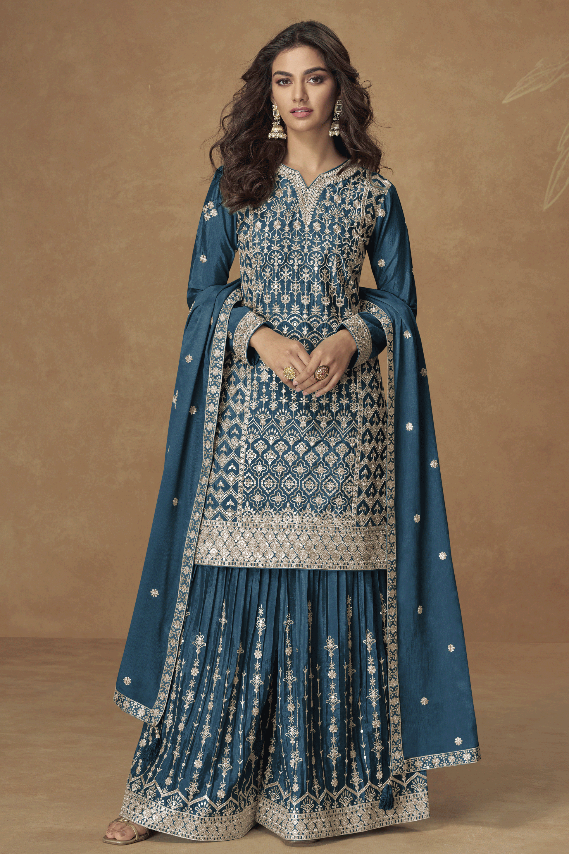 Teal Blue Readymade Embroidered Chinon Silk Palazzo Suit-SS846_1_SareeButa.com