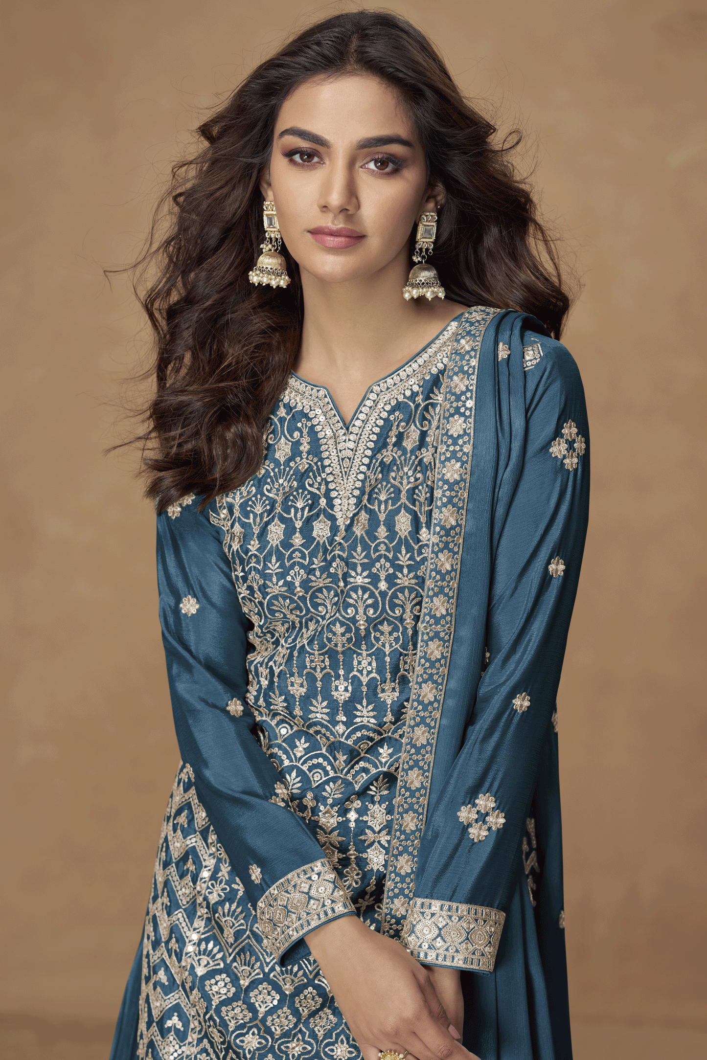 Teal Blue Readymade Embroidered Chinon Silk Palazzo Suit-SS846_2_SareeButa.com