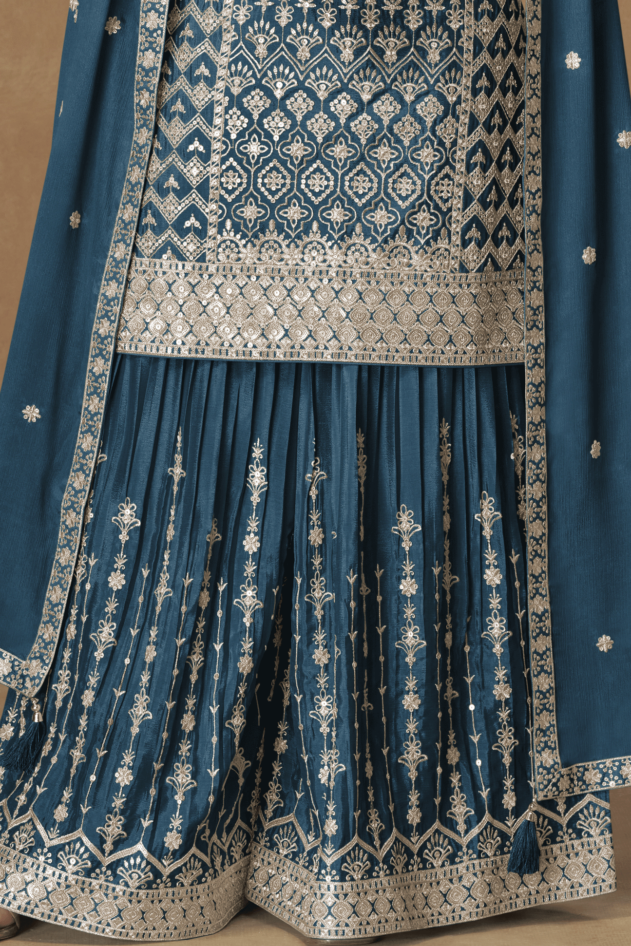 Teal Blue Readymade Embroidered Chinon Silk Palazzo Suit-SS846_3_SareeButa.com