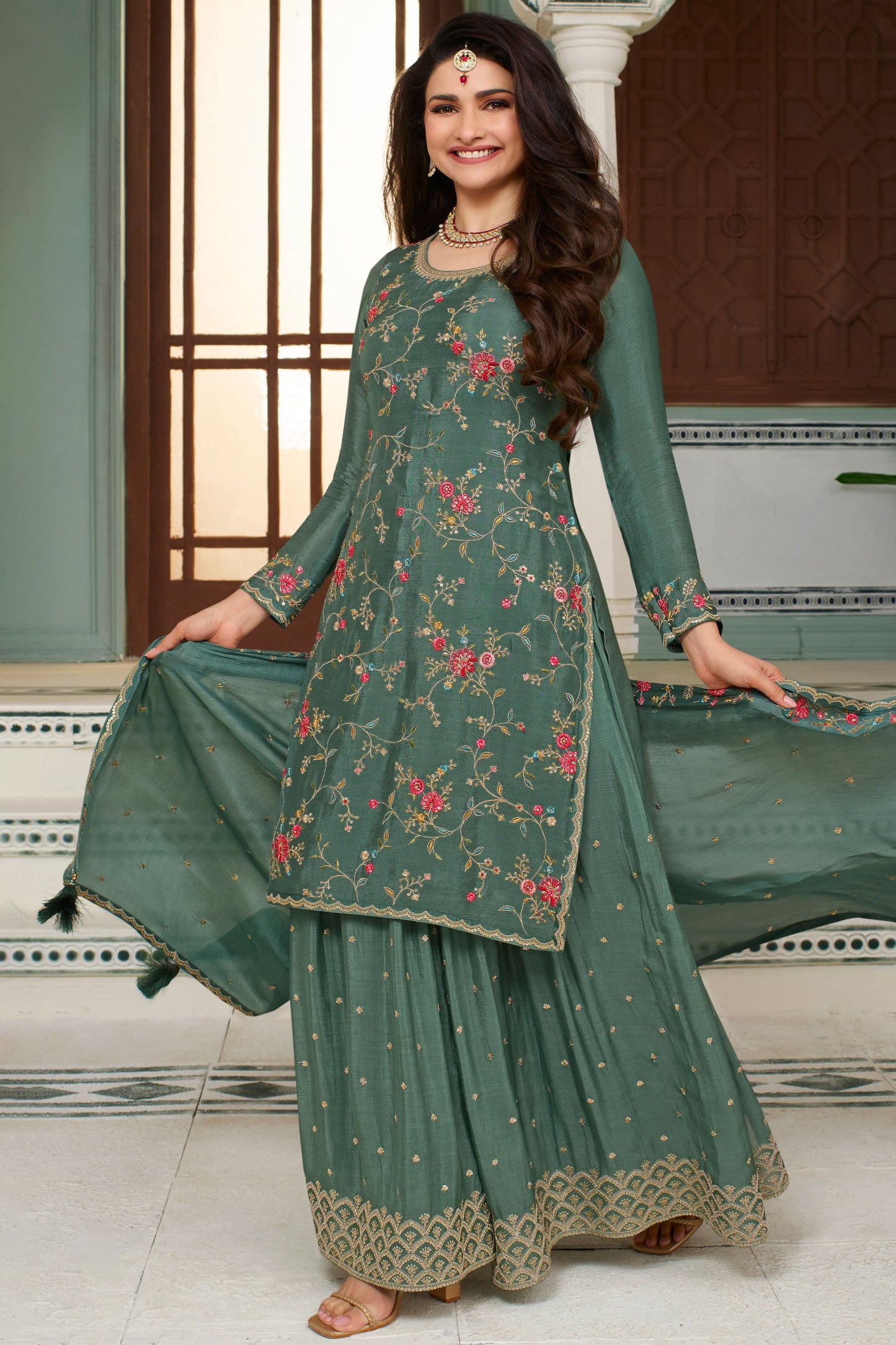 Teal Embroiderd Chinon Palazzo Suit-ZBSS100006_3