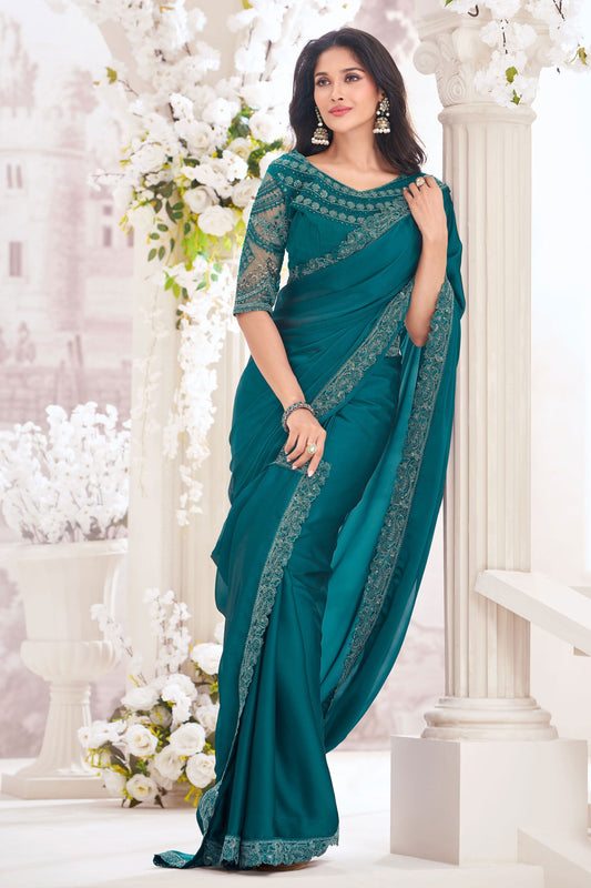 teal-embroidered-georgette-saree-zb132537_1_SareeButa.com