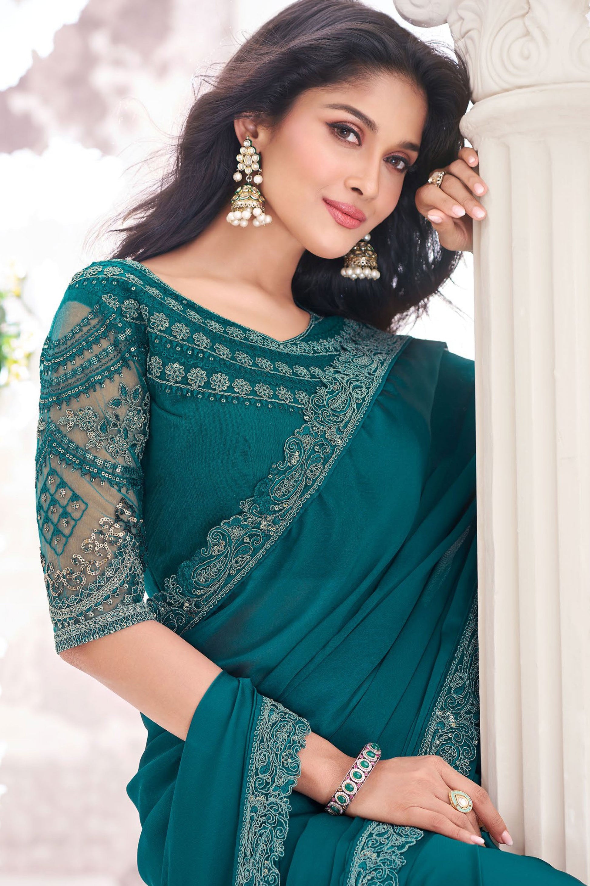 teal-embroidered-georgette-saree-zb132537_2_SareeButa.com