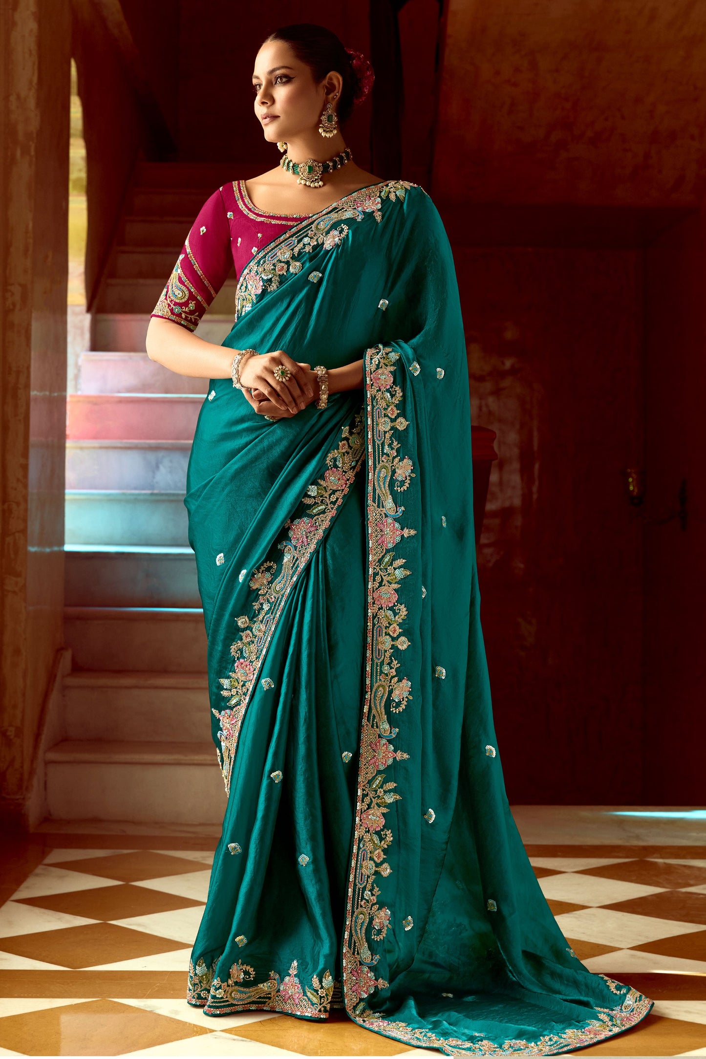 Teal Green Embroidered Organza Saree-ZB134260_1_SareeButa.com
