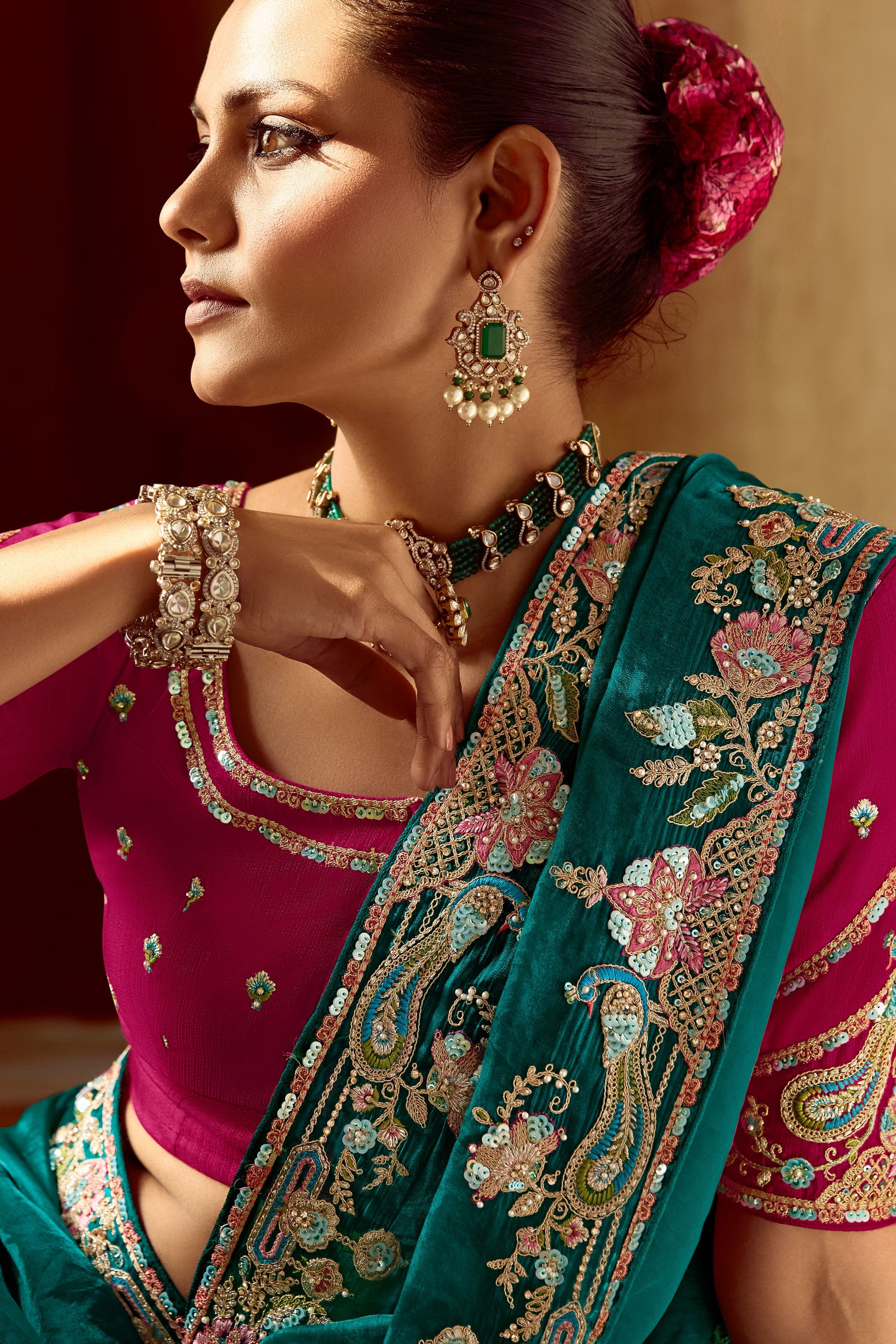 Teal Green Embroidered Organza Saree-ZB134260_3_SareeButa.com