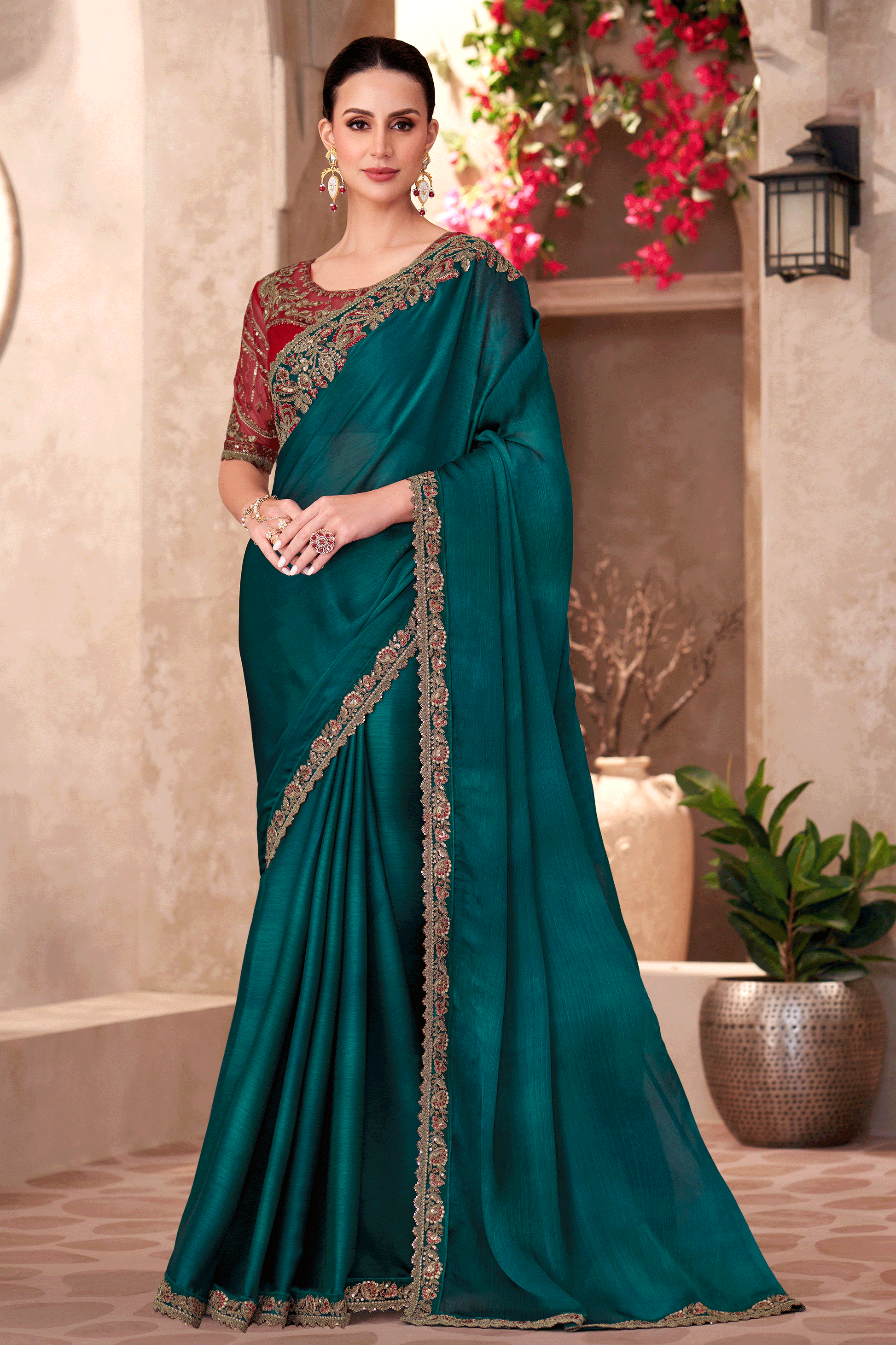 Teal Green Embroidered Shaded Chiffon Saree-ZB134914_1_SareeButa.com