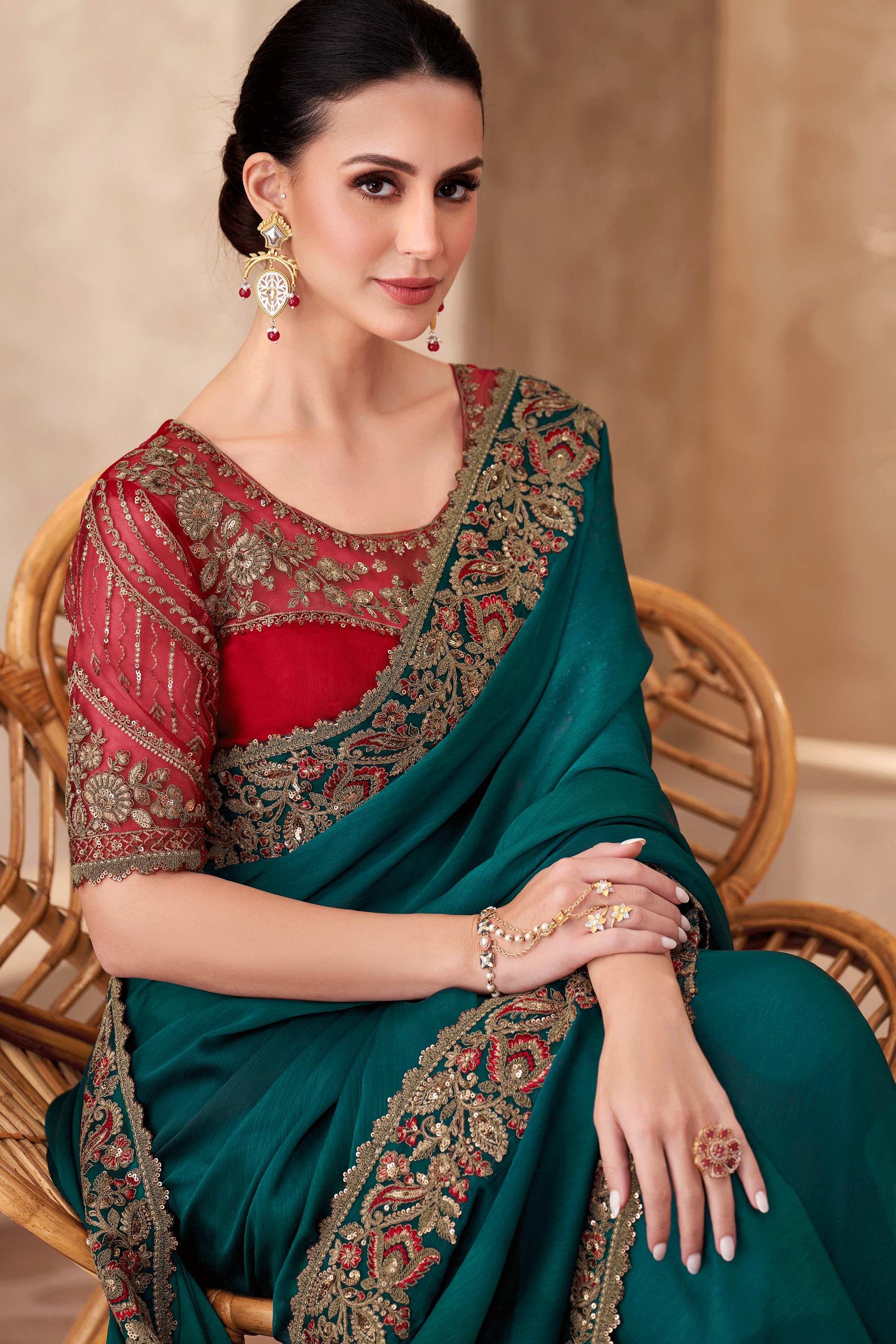 Teal Green Embroidered Shaded Chiffon Saree-ZB134914_2_SareeButa.com