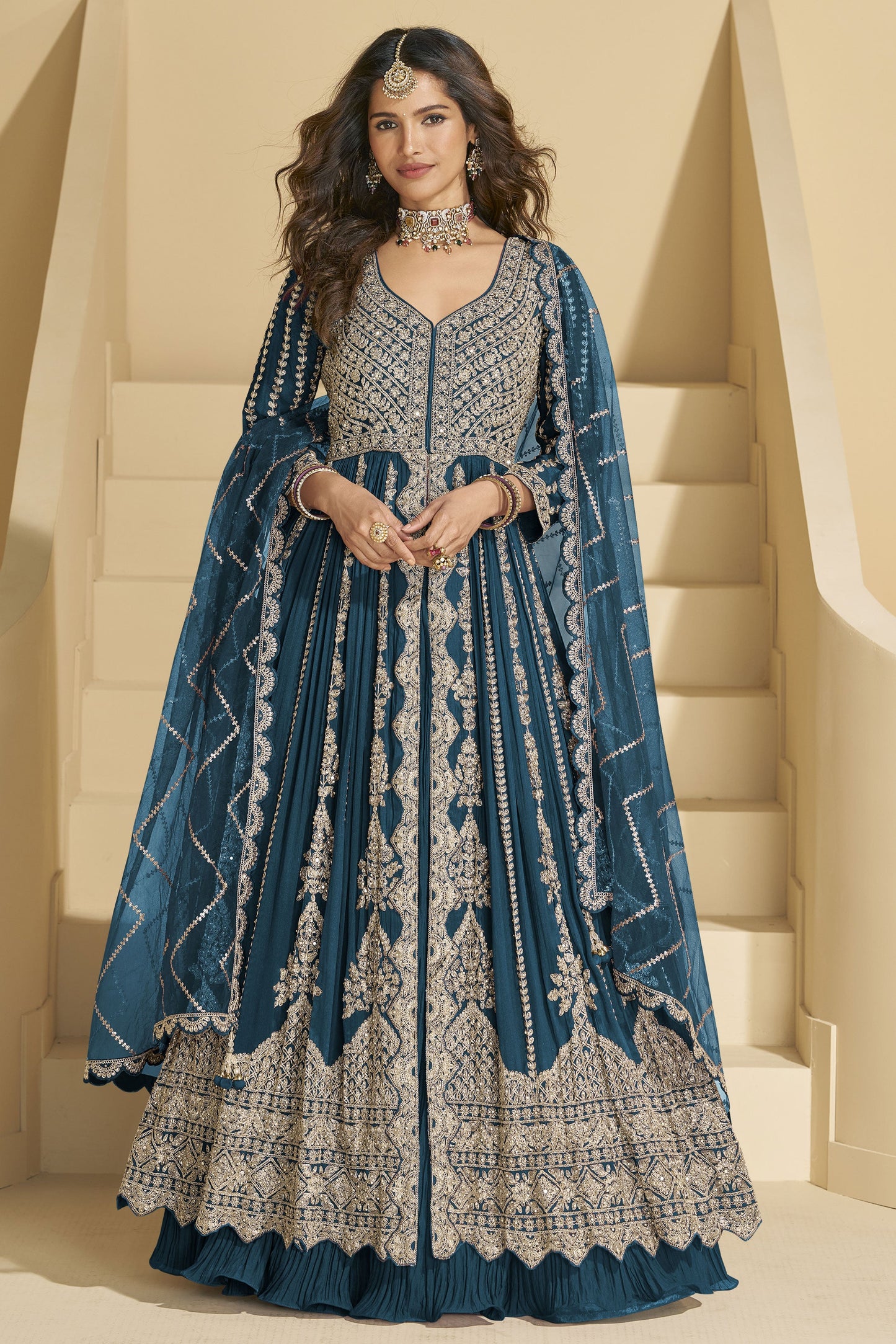 Teal Readymade Embroidered Chinon Silk Skirt Suit-SS830_1_SareeButa.com