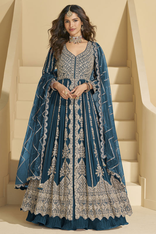 Teal Readymade Embroidered Chinon Silk Skirt Suit-SS830_1_SareeButa.com