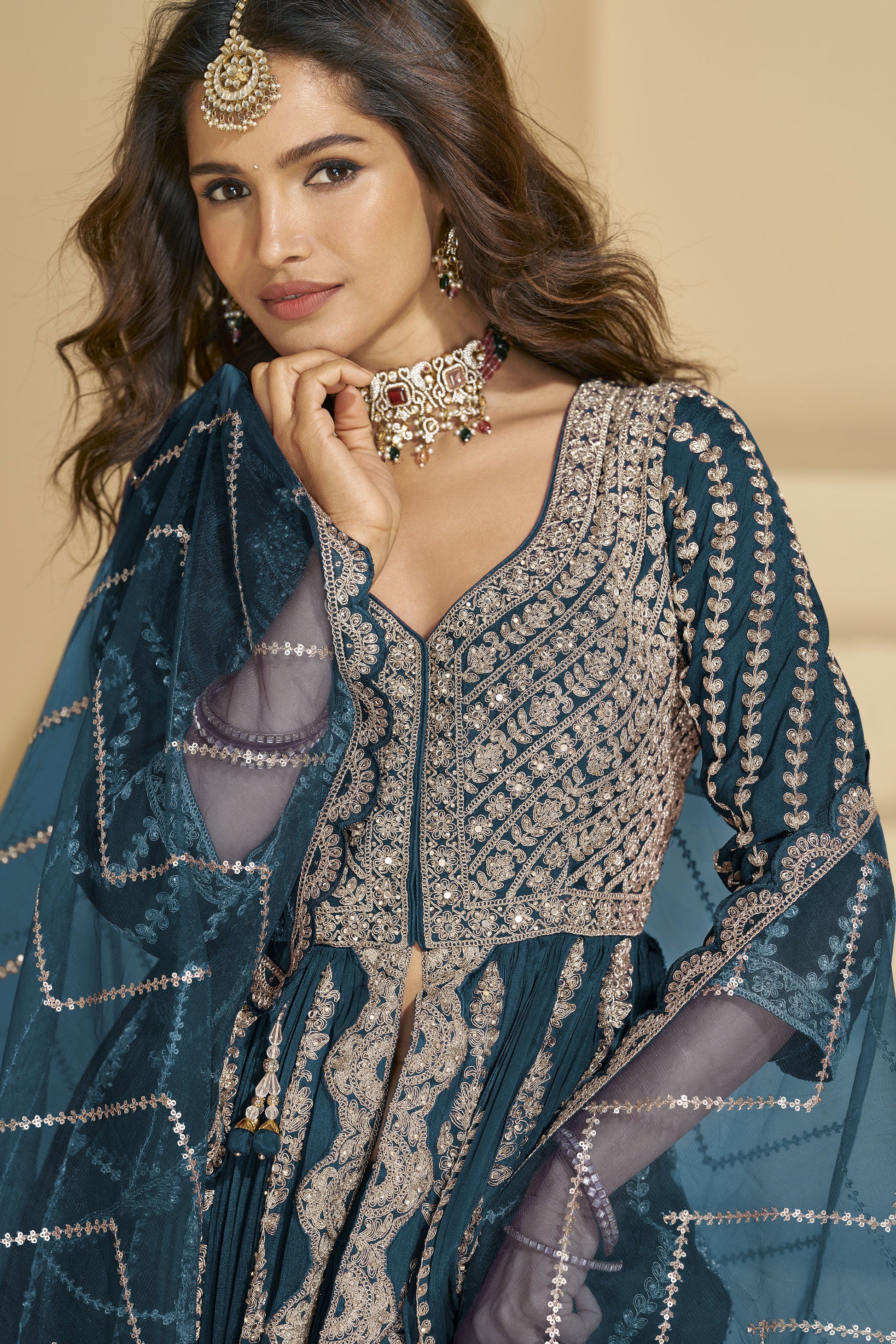 Teal Readymade Embroidered Chinon Silk Skirt Suit-SS830_2_SareeButa.com