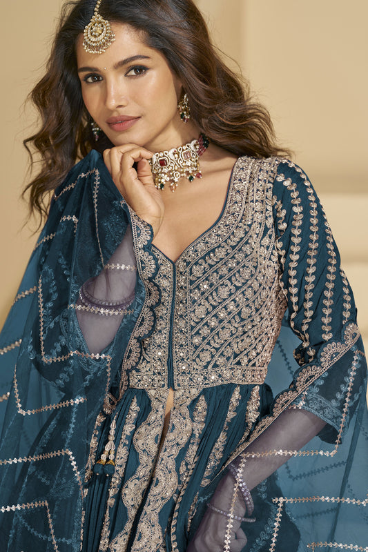 Teal Readymade Embroidered Chinon Silk Skirt Suit-SS830_2_SareeButa.com