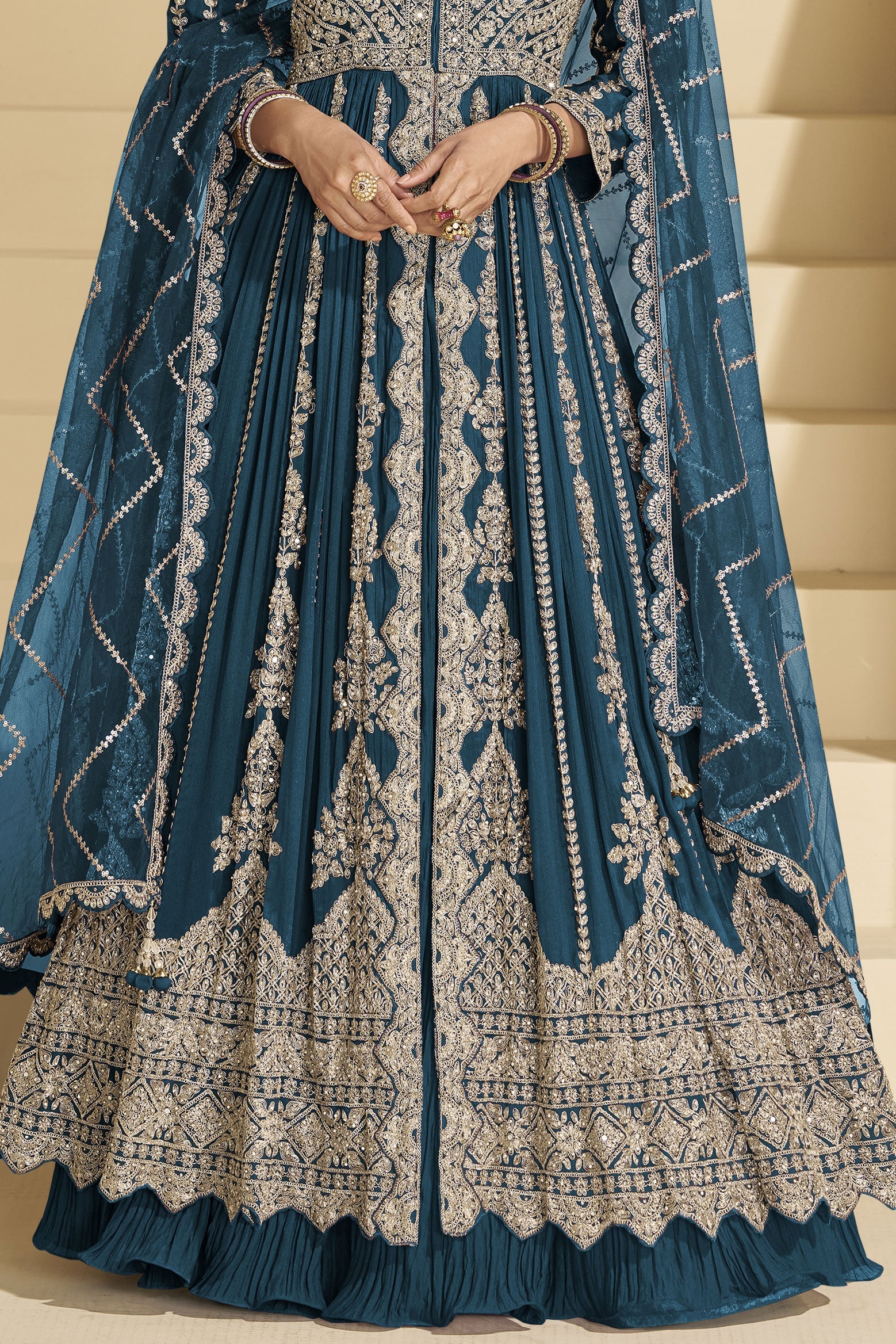 Teal Readymade Embroidered Chinon Silk Skirt Suit-SS830_3_SareeButa.com