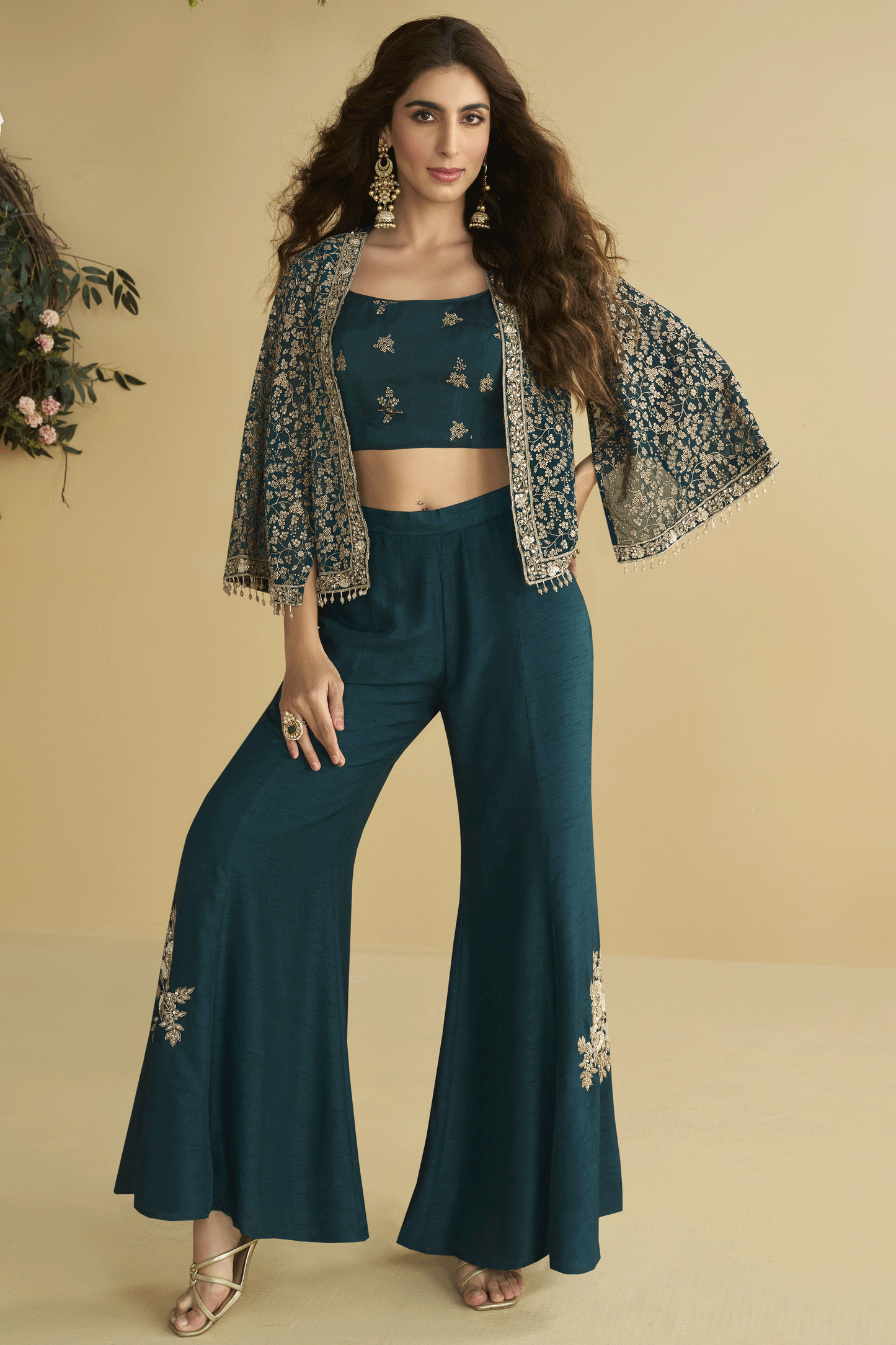 Teal Readymade Embroidered Silk Palazzo Set-SS807_1_SareeButa.com