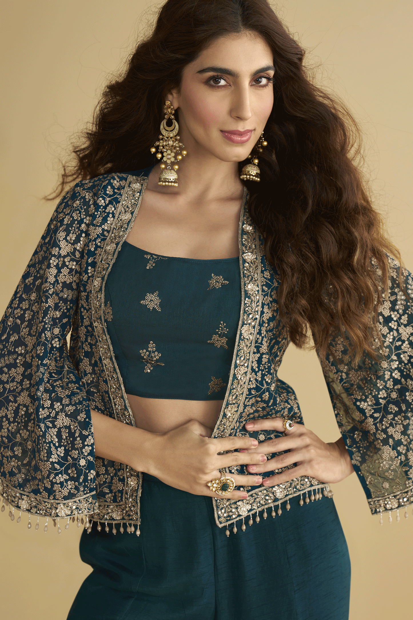 Teal Readymade Embroidered Silk Palazzo Set-SS807_2_SareeButa.com