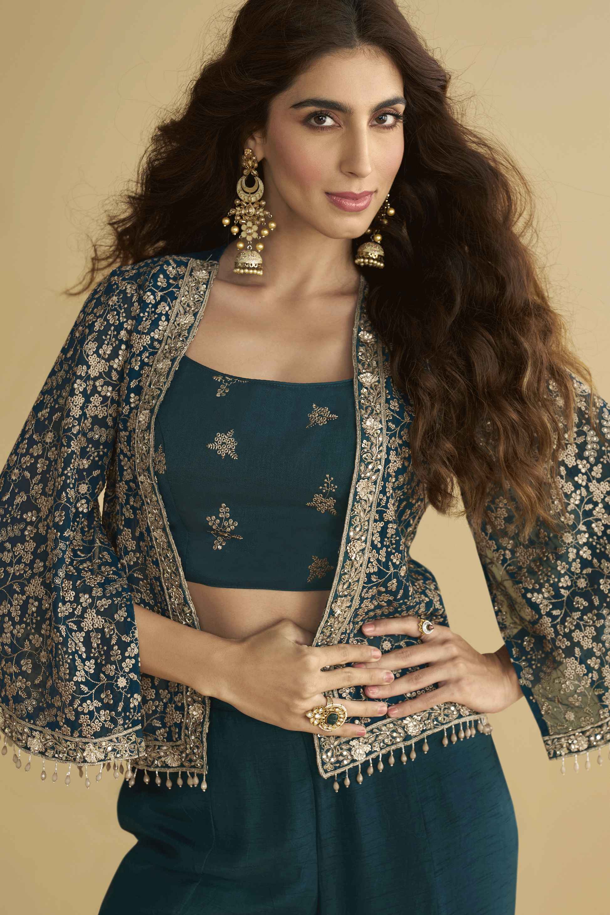 Teal Readymade Embroidered Silk Palazzo Set-SS807_2_SareeButa.com