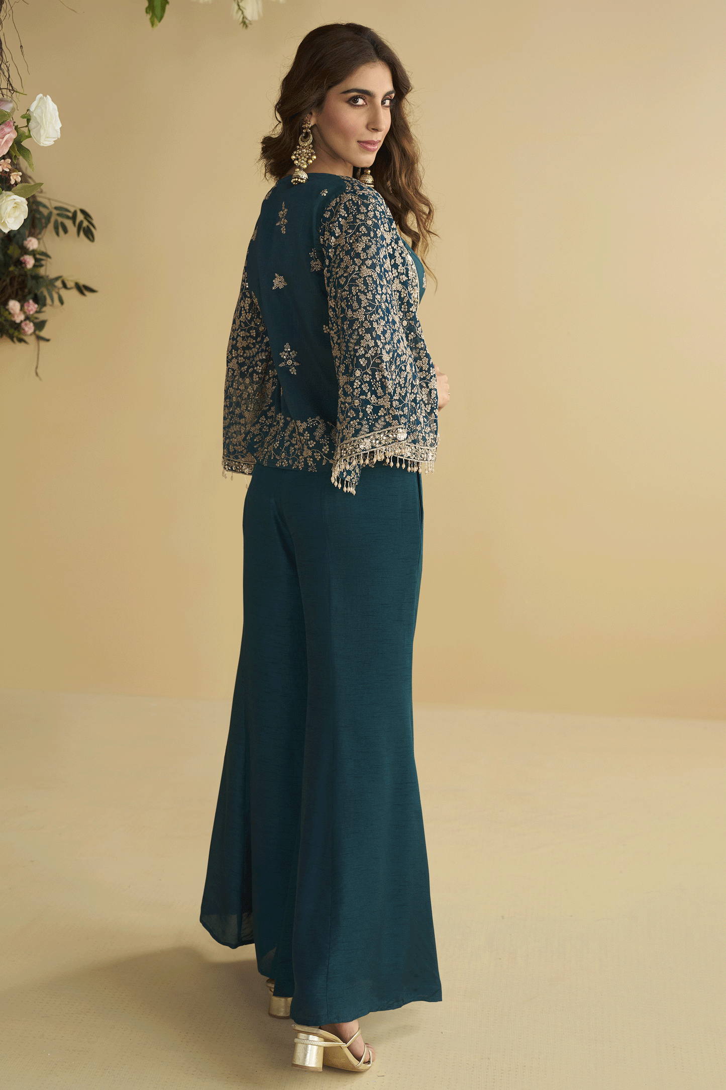 Teal Readymade Embroidered Silk Palazzo Set-SS807_3_SareeButa.com