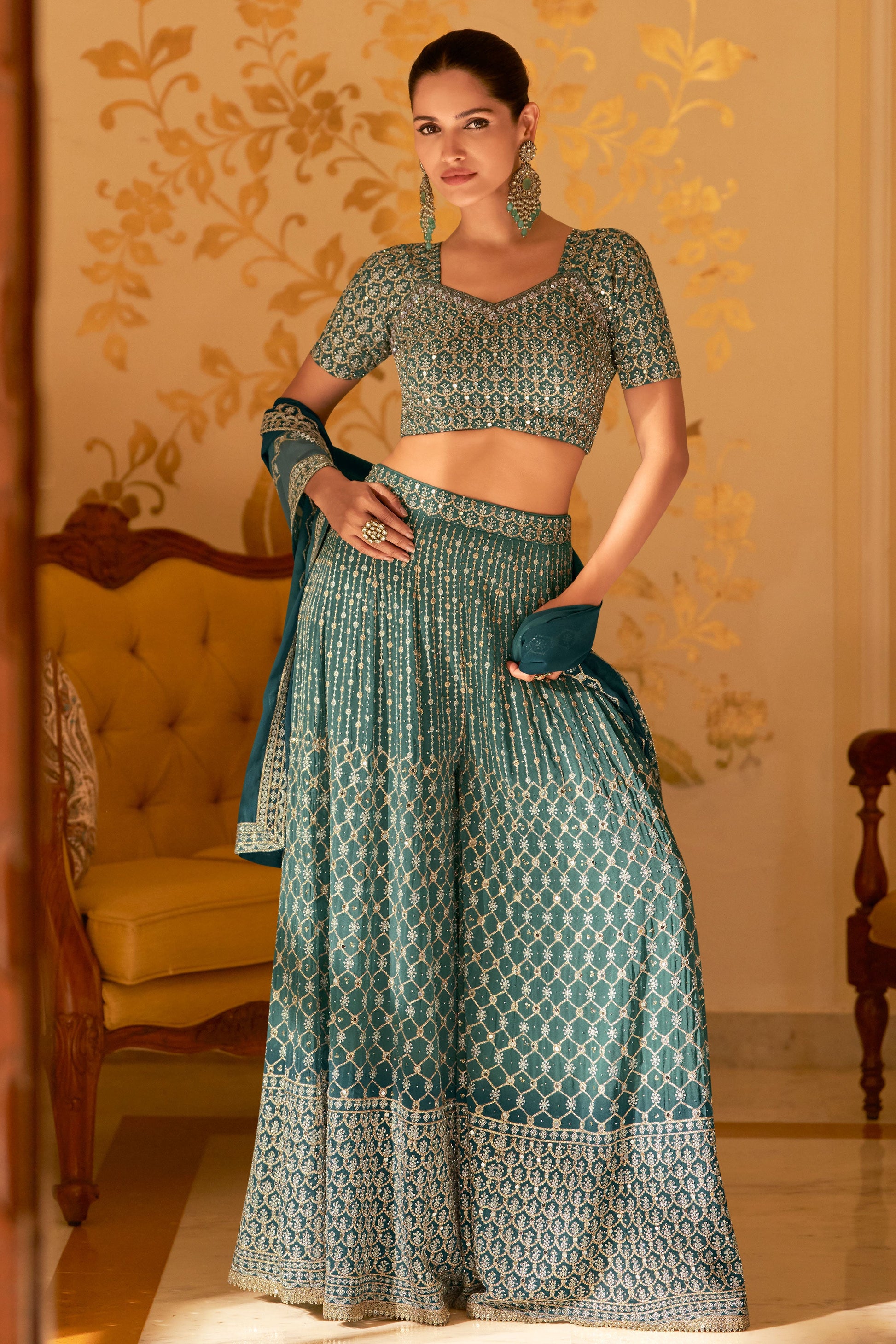 Teal Readymade Georgette Palazzo Set with Dupatta-SS987_1_SareeButa.com