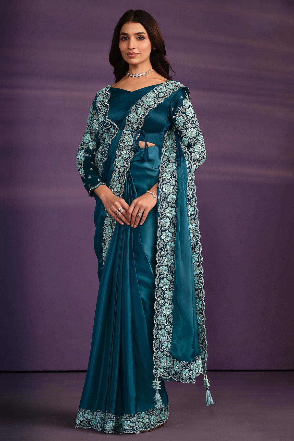 teal-satin-crepe-silk-readymade-saree-zb130228_1_SareeButa.com