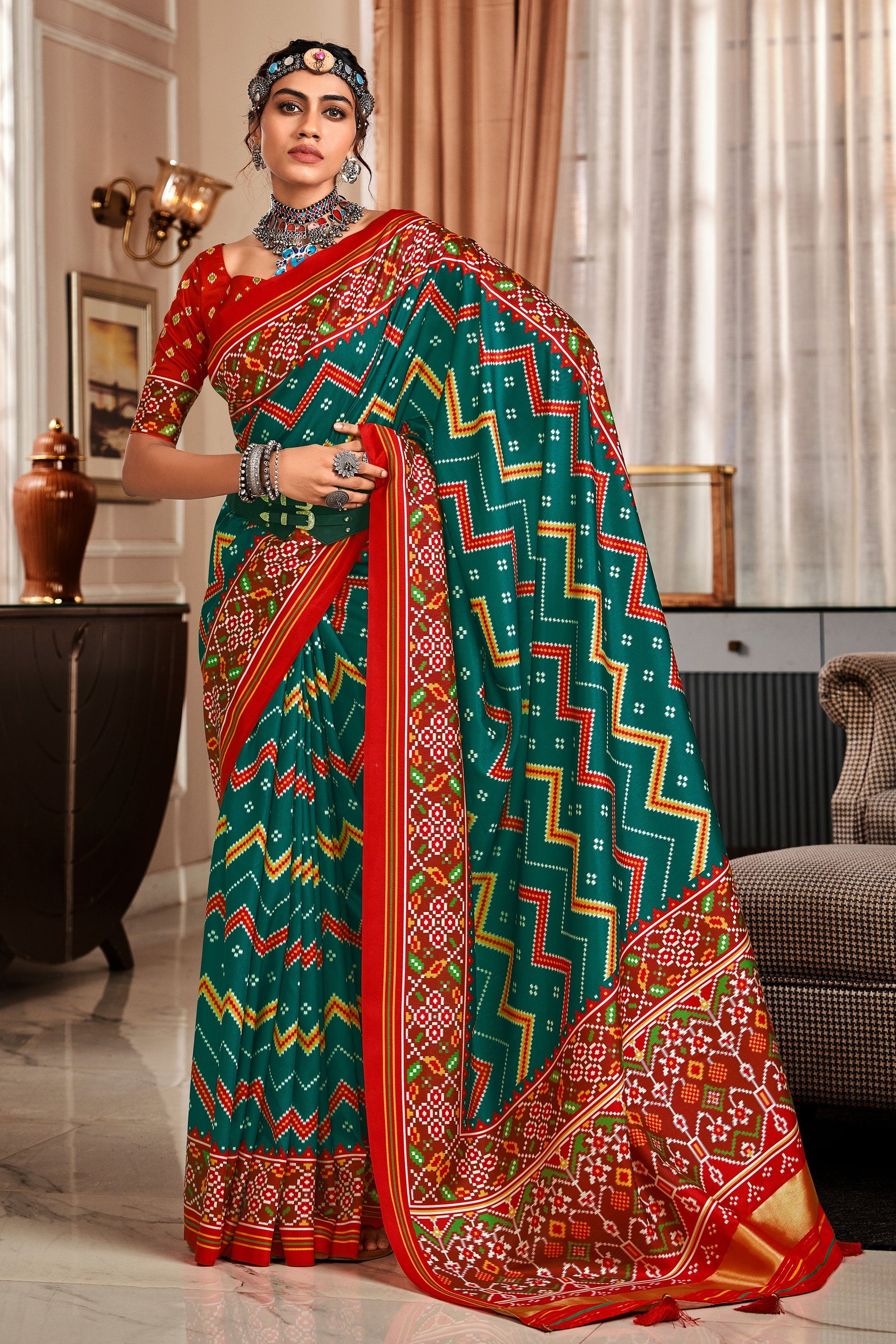 Teal Tussar Silk Saree With Patola Print-ZB133260_1_SareeButa.com