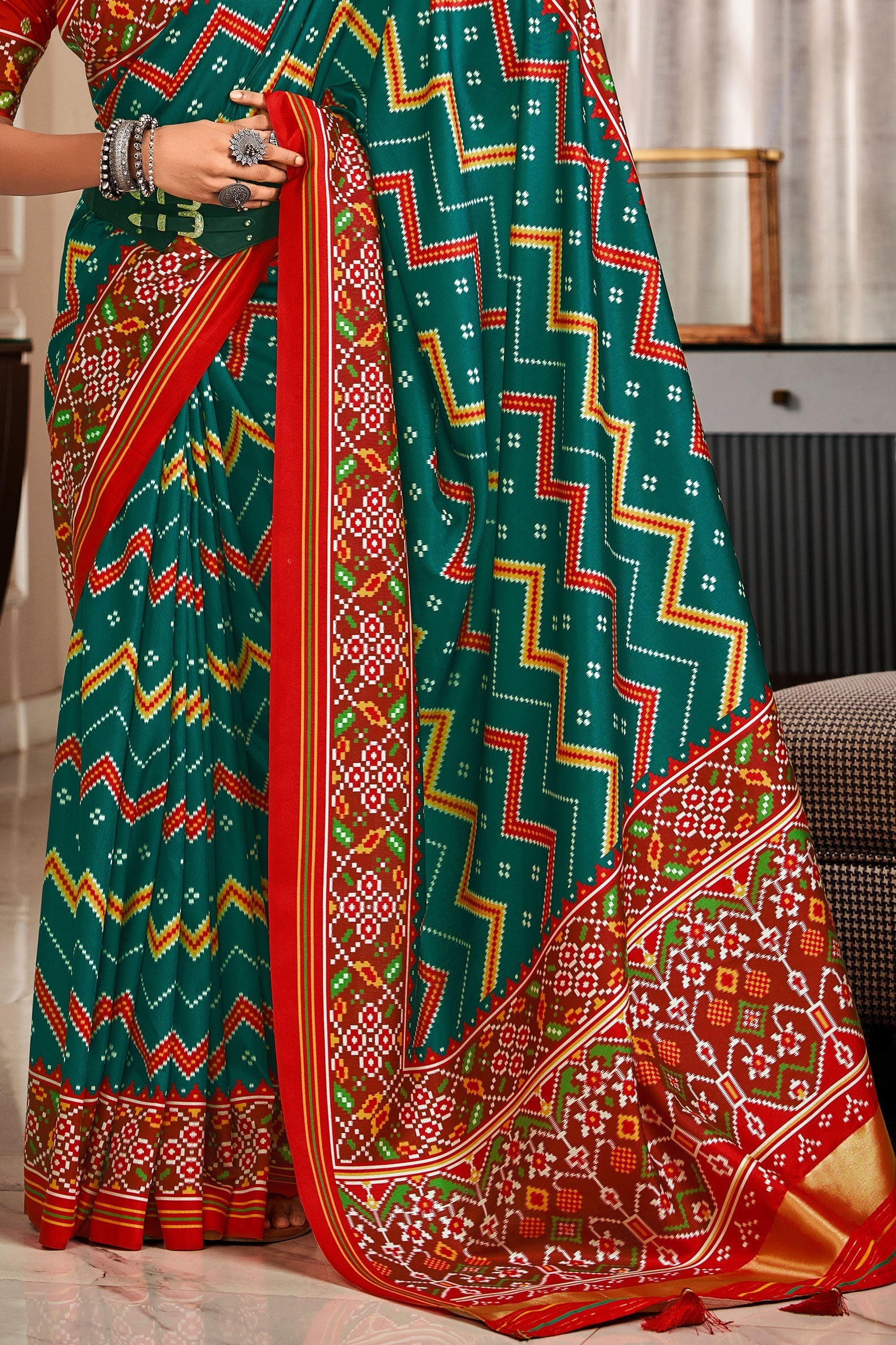 Teal Tussar Silk Saree With Patola Print-ZB133260_4_SareeButa.com