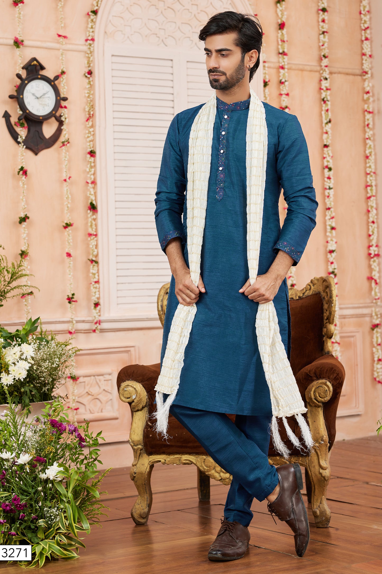 Teal Blue Banarasi Silk Kurta Pajama-SAR11403_1_SareeButa.com